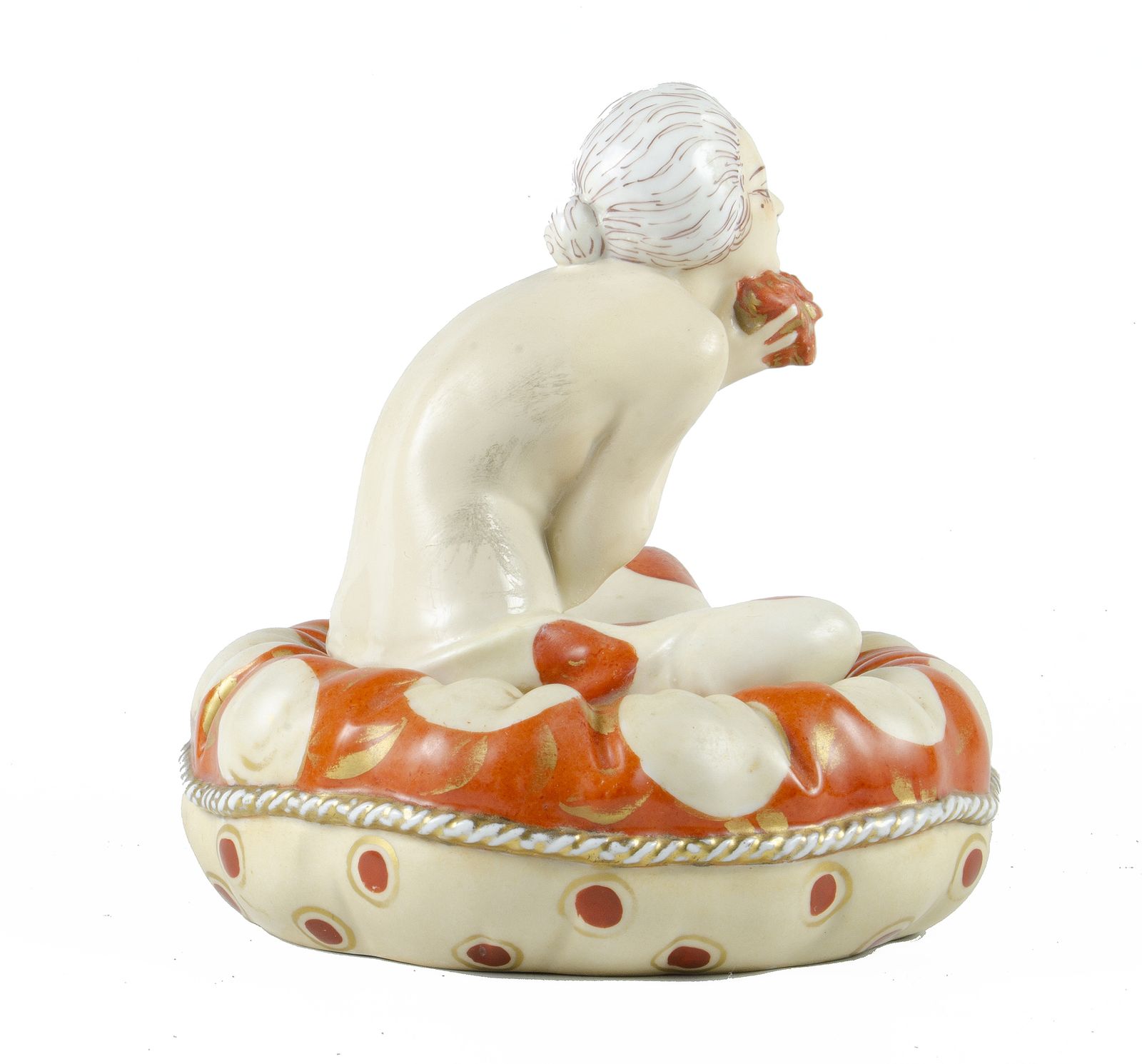 Early 20th Century Art Déco Hand Painted Ceramic Cosmetic Powder Bowl Of A Lady Sitting Over A Large Pillow By Aladin, France photo for sale