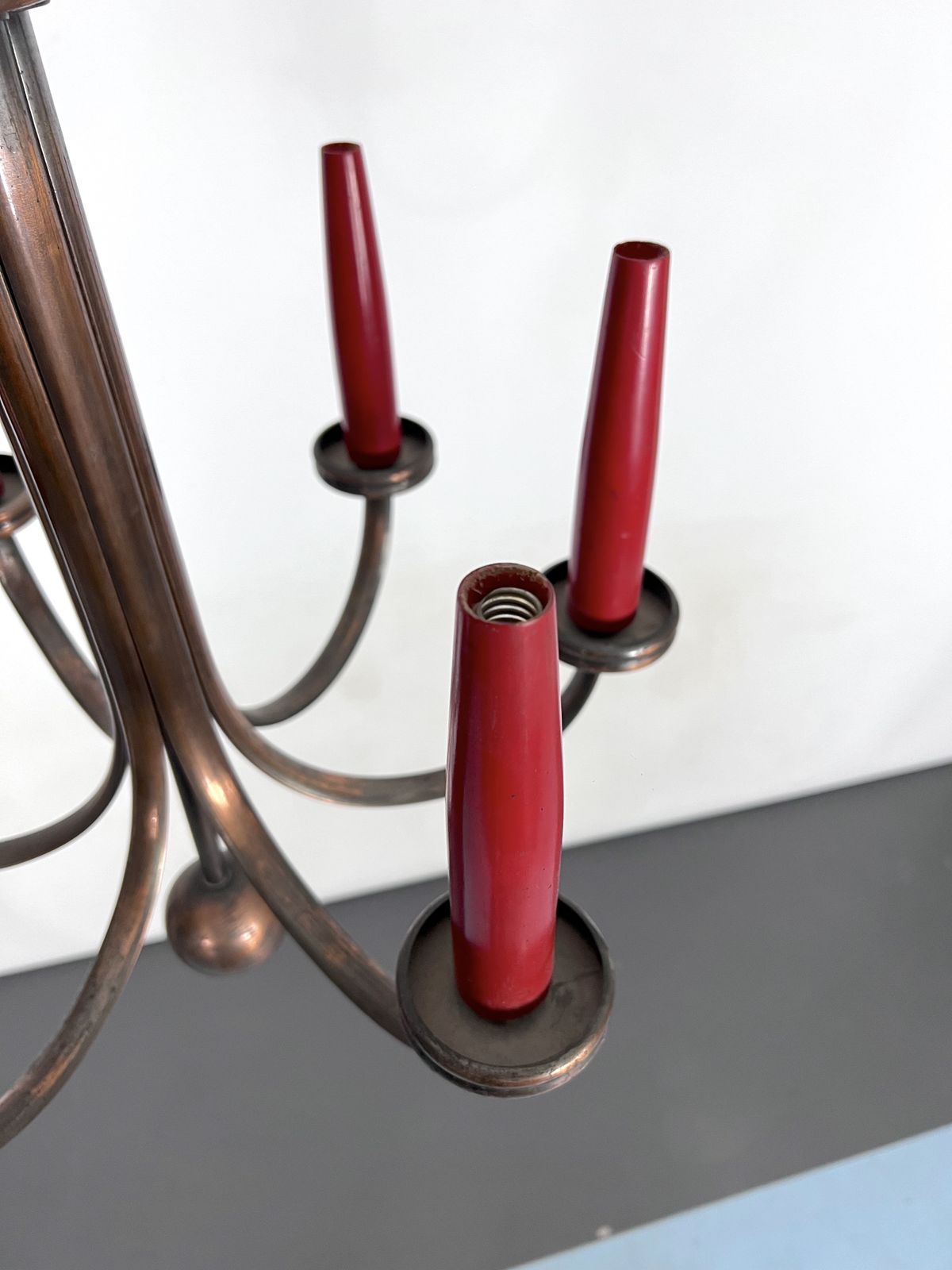 Mid Century Modern Six Arms Copper Chandelier In Gio Ponti Style. Italy 1950s photo for sale