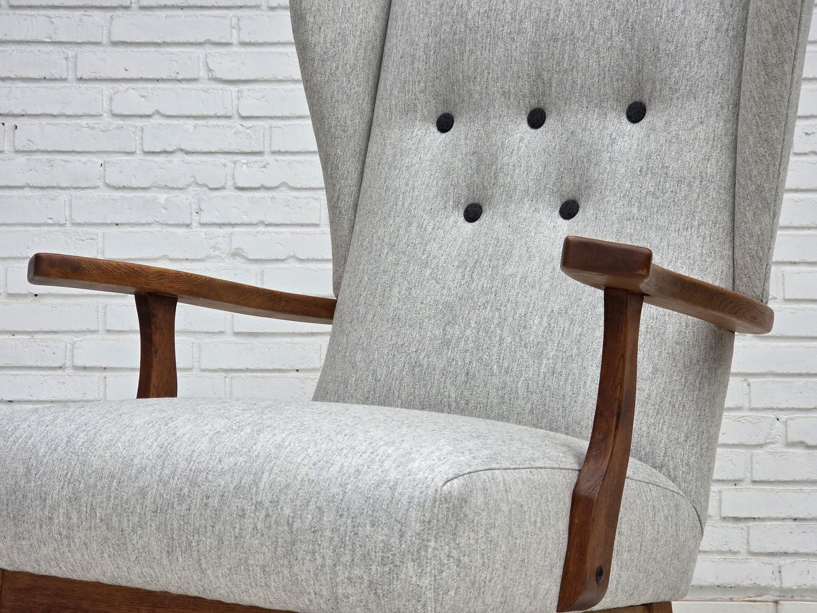 photo furniture 1950s, Danish High Backed Armchair, Reupholstered, Wool, Oak Wood.