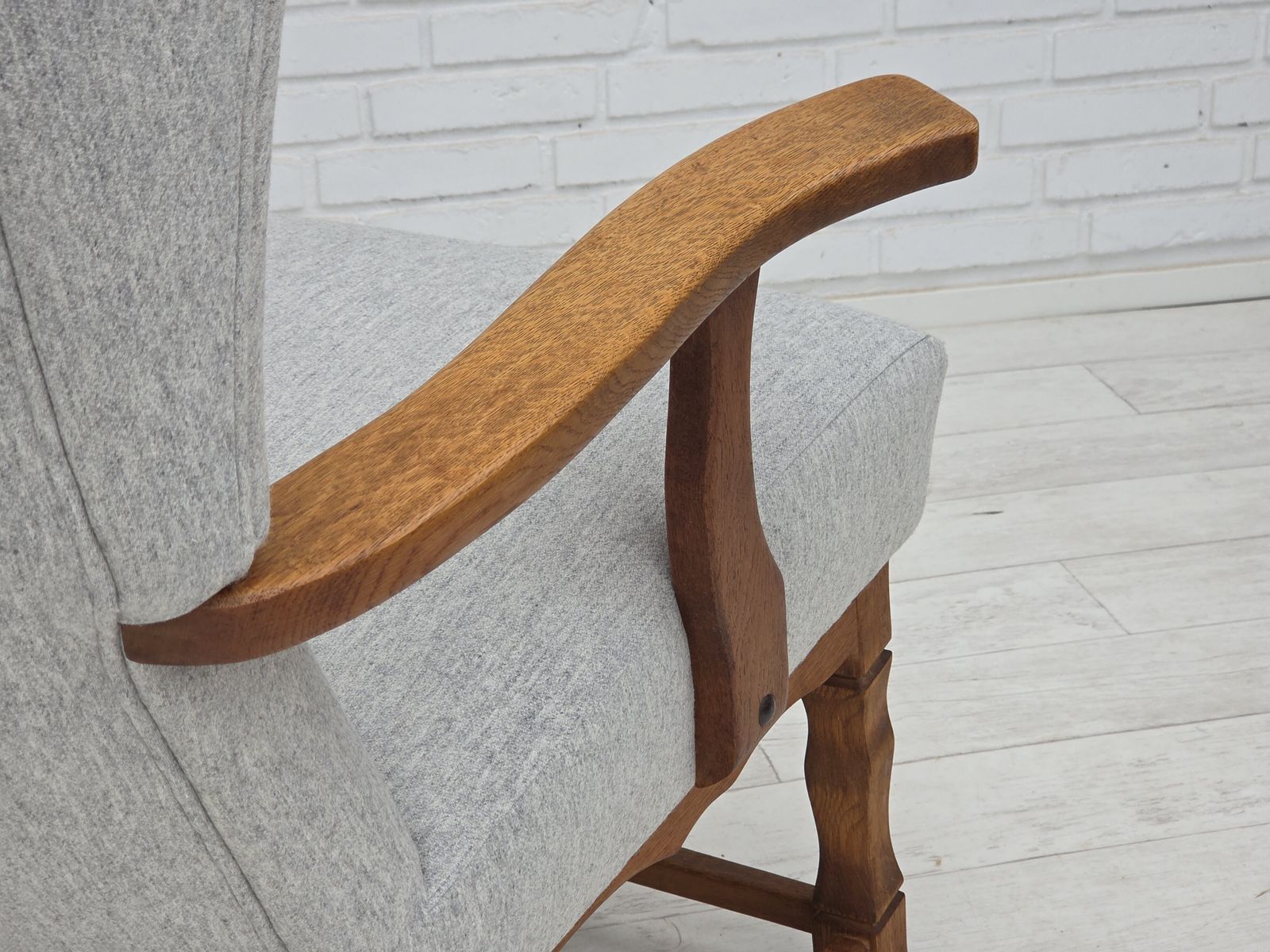 photo buy 1950s, Danish High Backed Armchair, Reupholstered, Wool, Oak Wood.