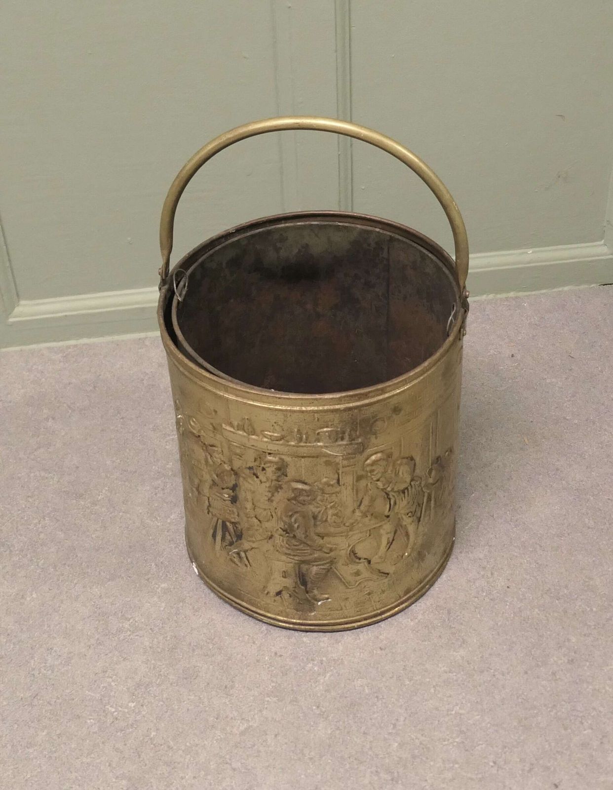 Arts And Crafts Brass Coal Bucket With Tavern Scenes photo vinterior
