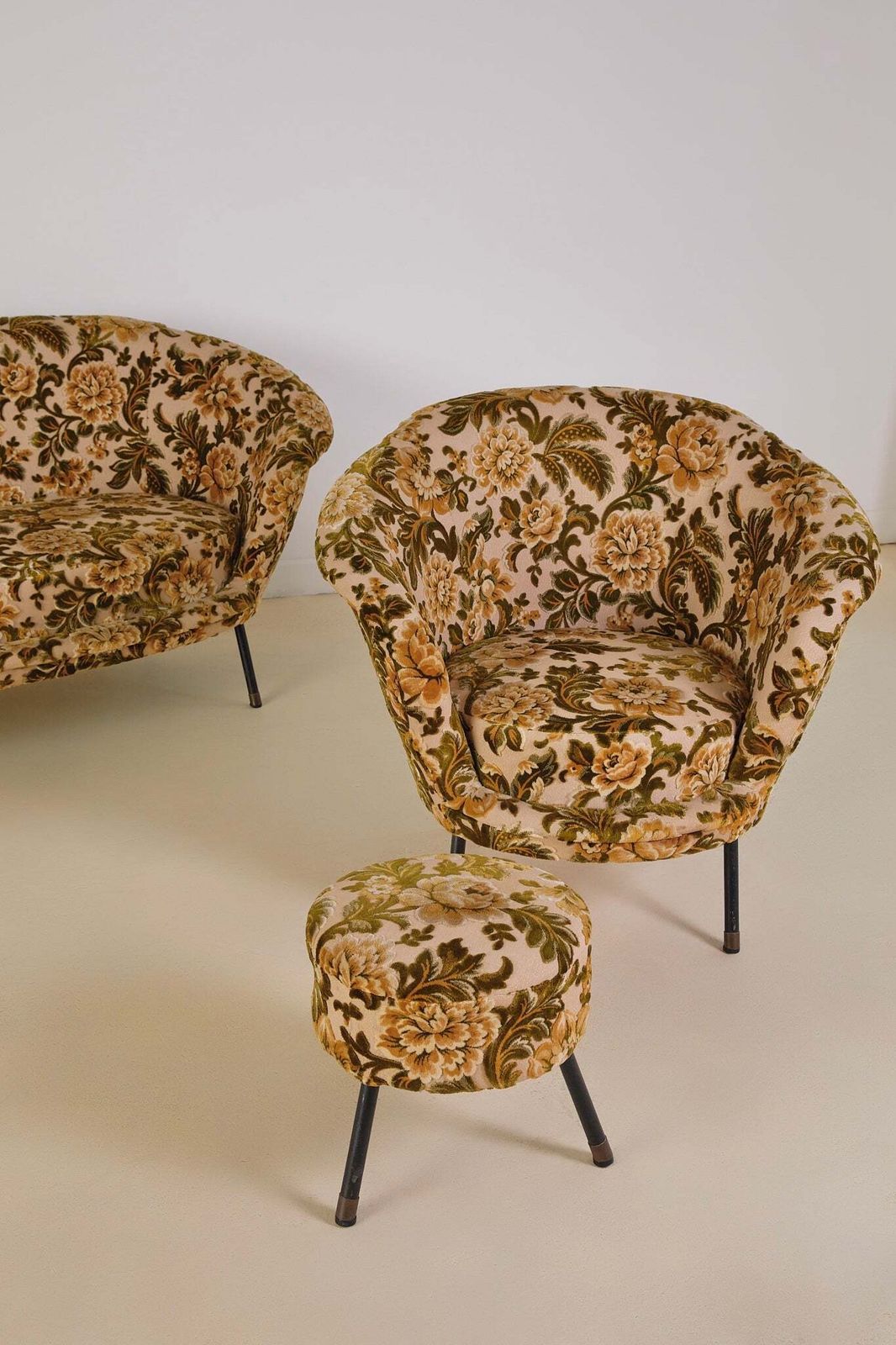 Italian Velvet Floral Armchair And Pouffe photo for sale