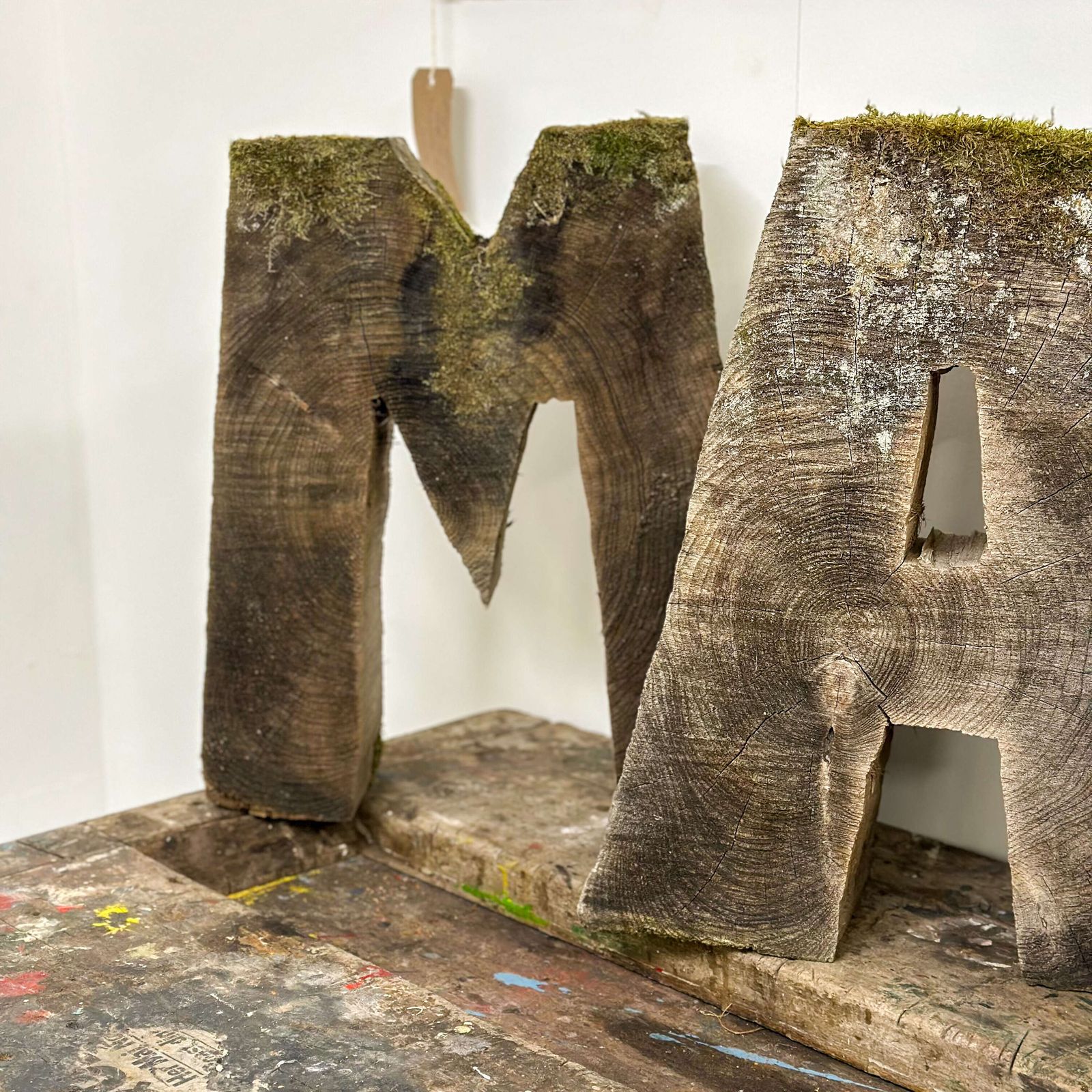 20th Century Hand Cut Decorative Wooden Mary Lettering With Natural Moss Accents photo vinterior