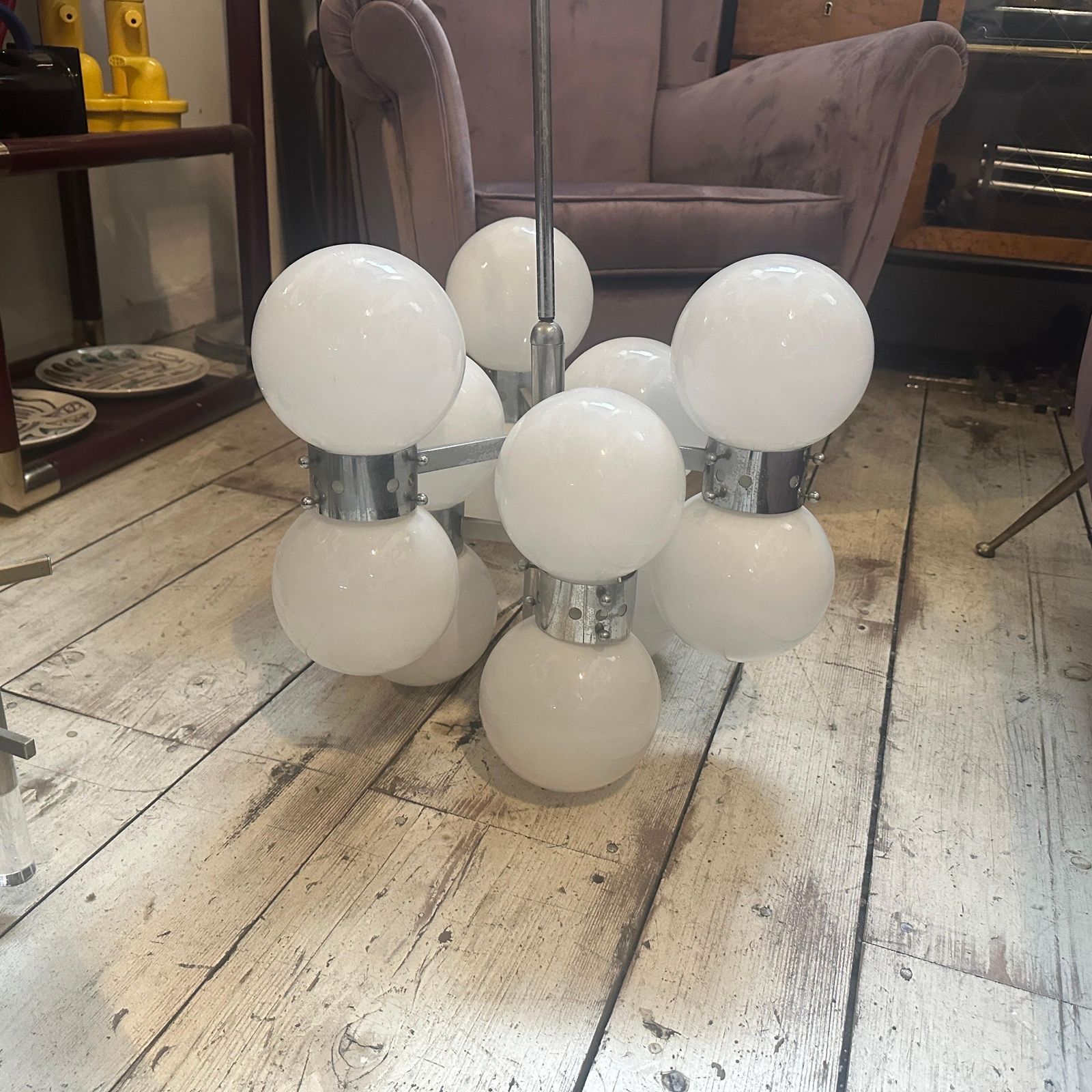1960s Space Age Steel And Opaline Glass 10 Lights Italian Chandelier photo vinterior