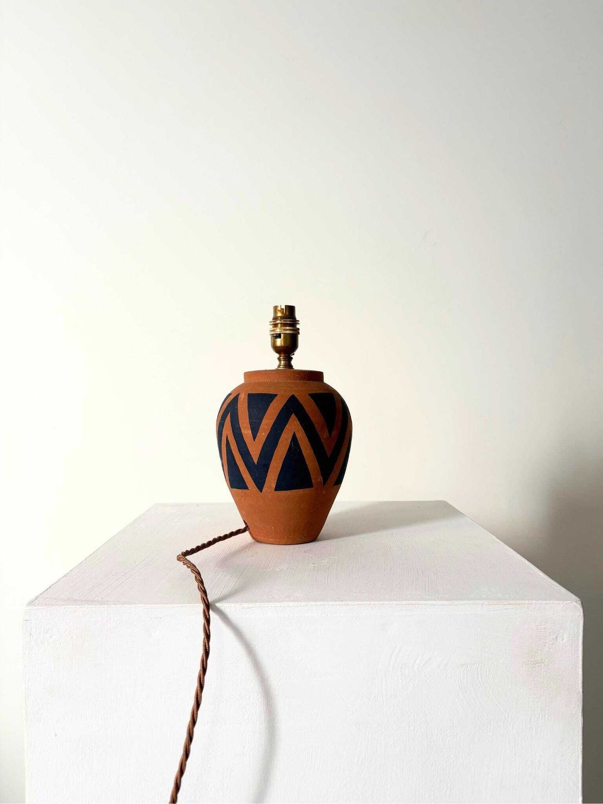 Hand Painted Terracotta Table Lamp With Zig Zag Chevron Design, Rewired And Pat Tested photo for sale
