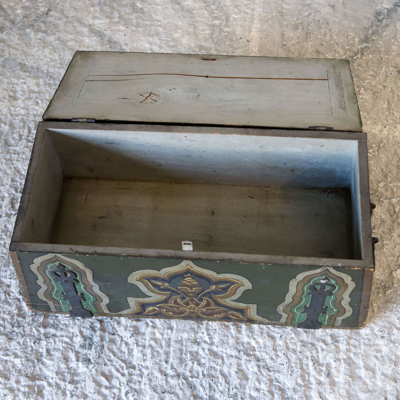 photo furniture Antique European Folk Art Decoration Chest/Box Dated 1897   Hand Forged Iron Fittings