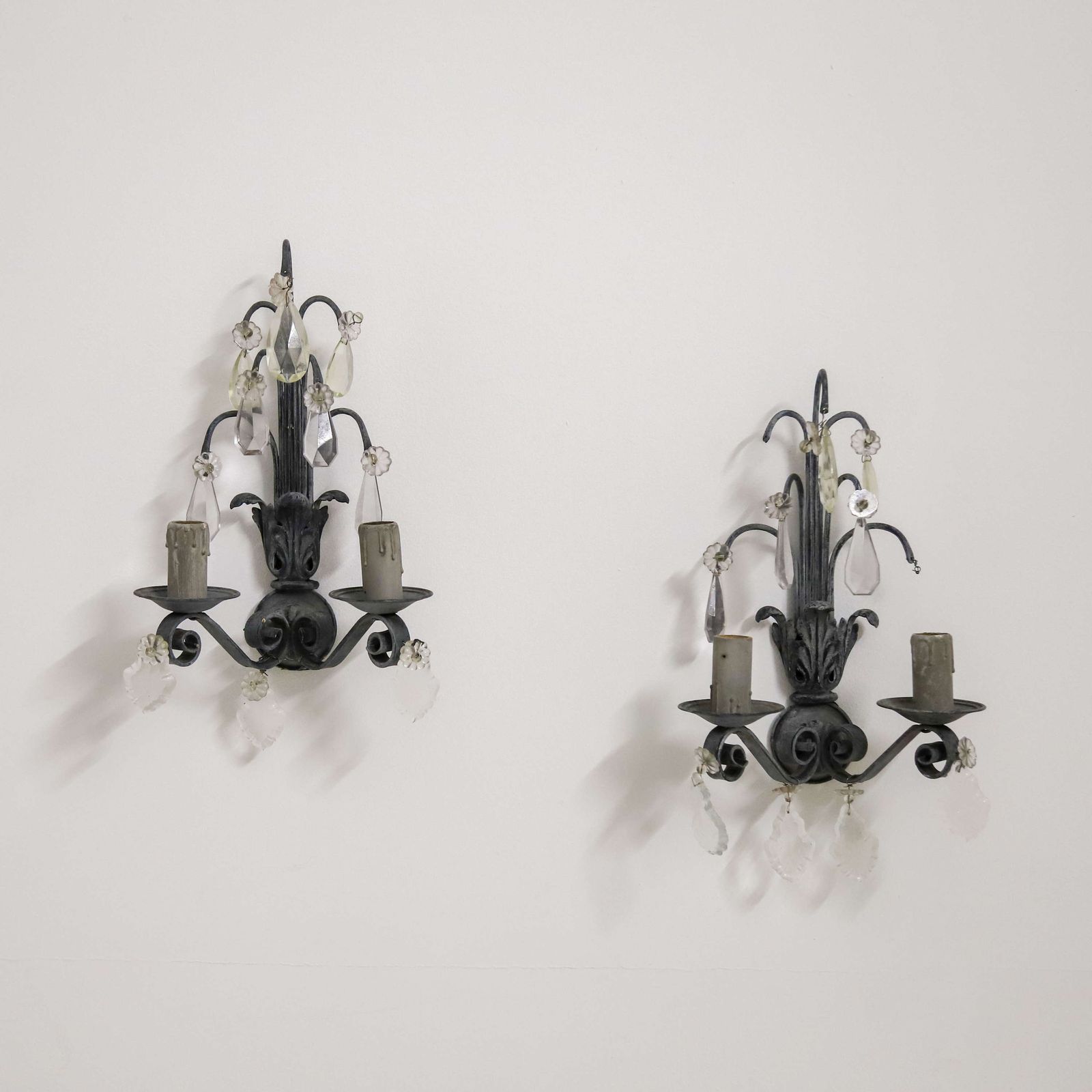 Pair Of Rewired French Wall Lights Circa 1930   Elegant Scrolled Arms & Crystal Drops