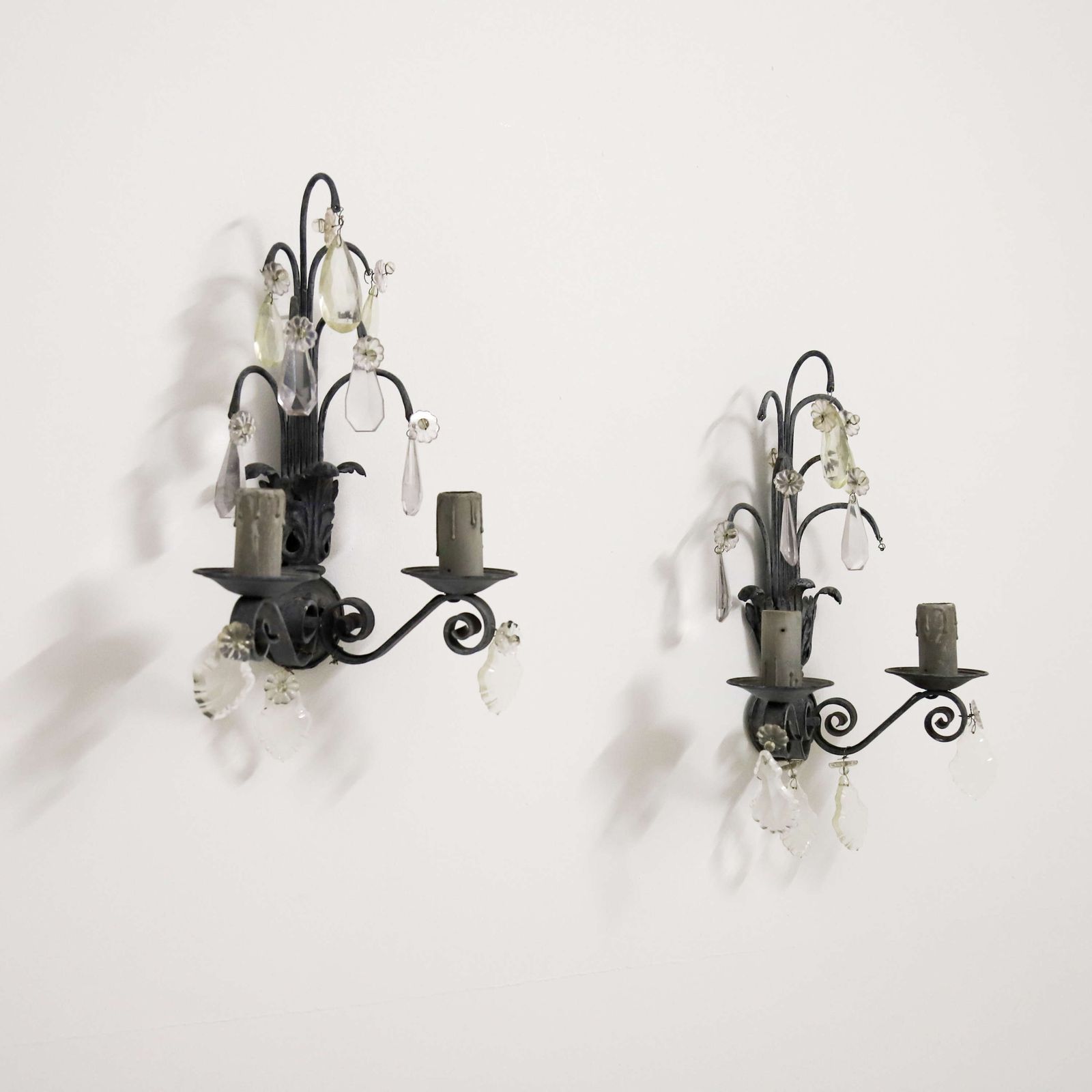 Pair Of Rewired French Wall Lights Circa 1930   Elegant Scrolled Arms & Crystal Drops photo furniture