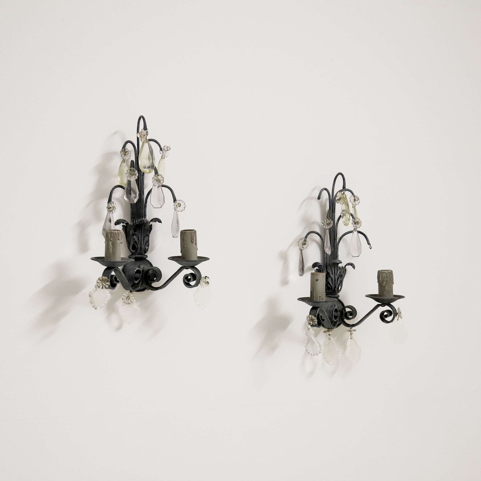 Pair Of Rewired French Wall Lights Circa 1930   Elegant Scrolled Arms & Crystal Drops photo for sale