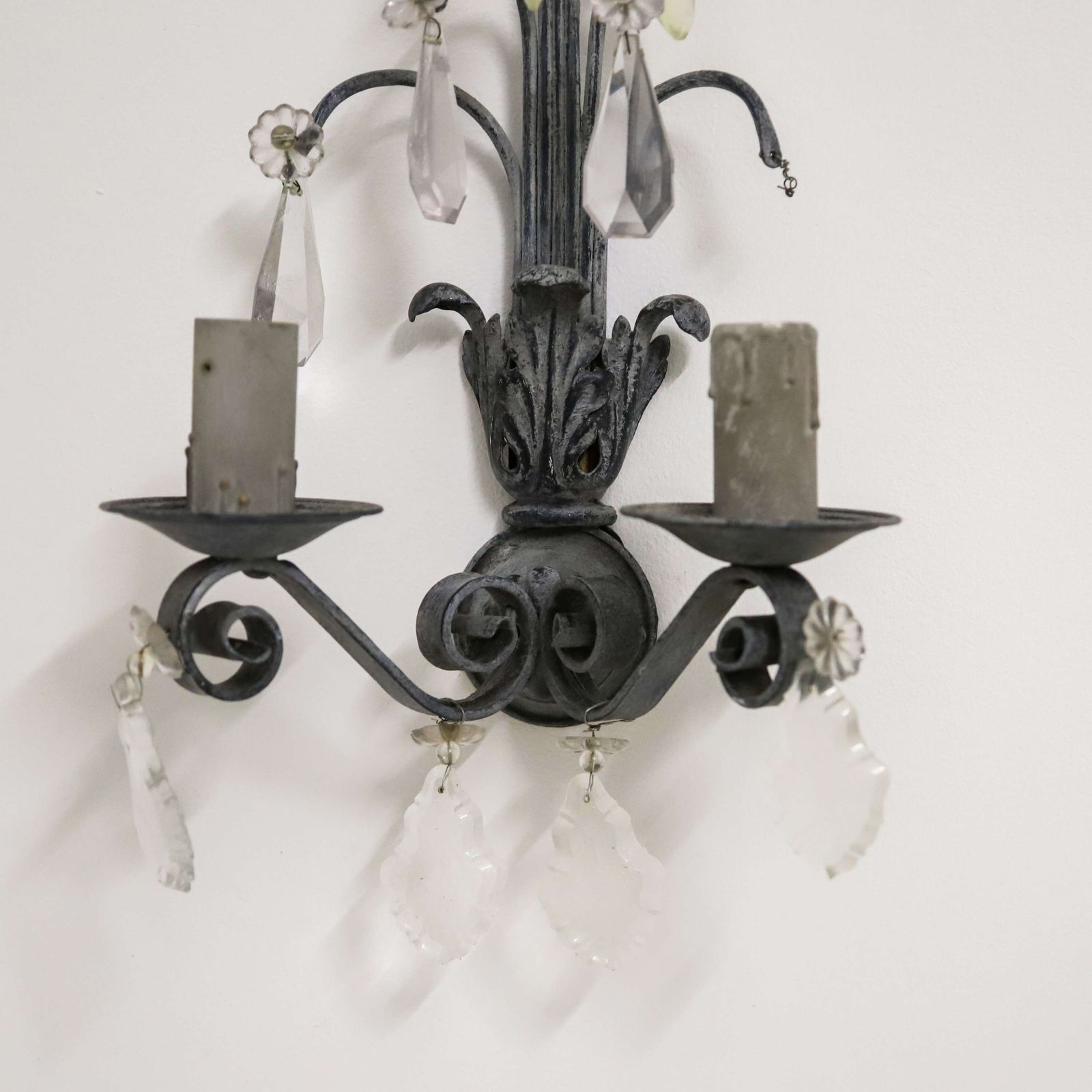 Pair Of Rewired French Wall Lights Circa 1930   Elegant Scrolled Arms & Crystal Drops photo Lighting