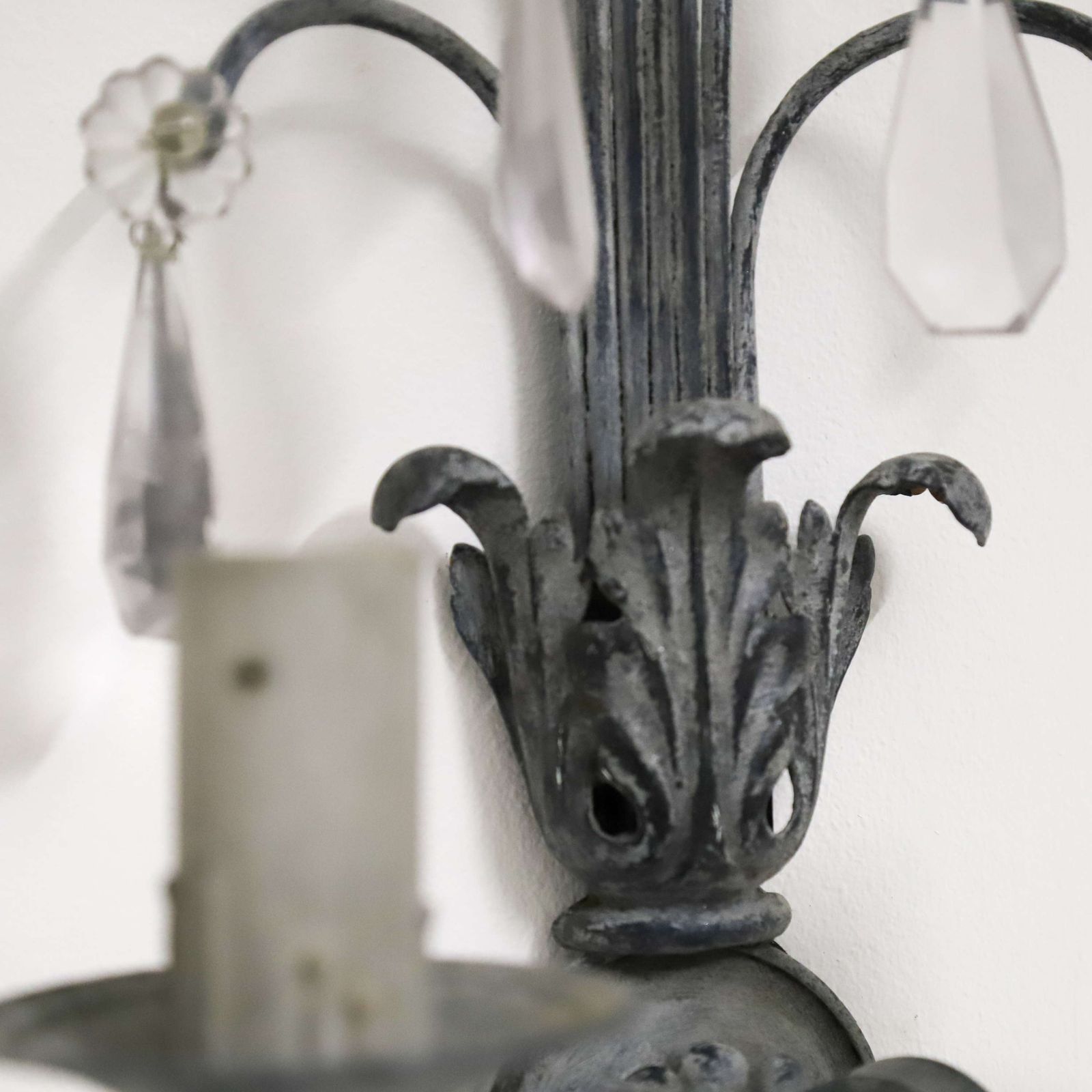 photo for sale Pair Of Rewired French Wall Lights Circa 1930   Elegant Scrolled Arms & Crystal Drops