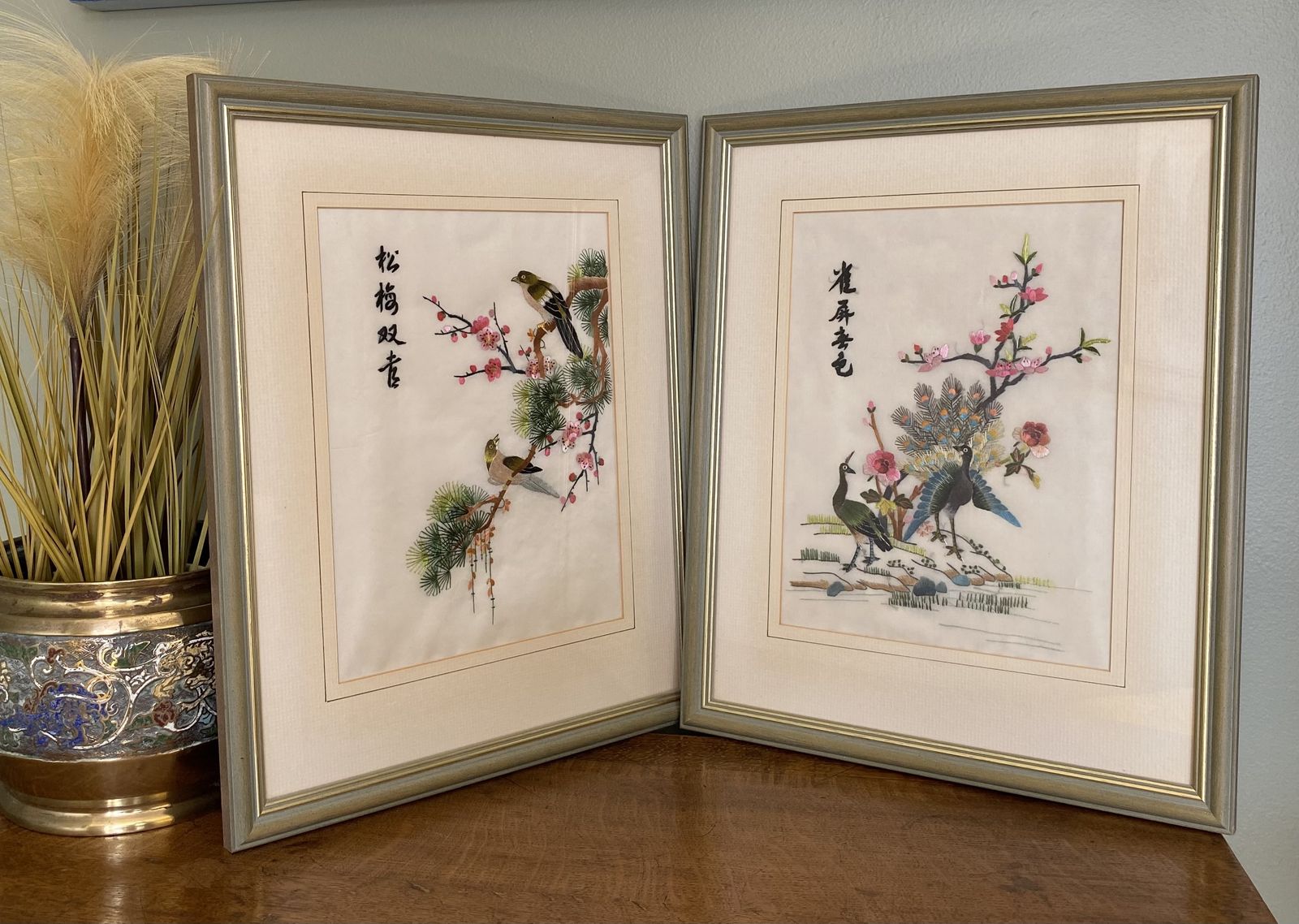 1960s 70s Pair Of Chinese Embroidery On Silk Oriental Pictures Peacocks Flowers Birds