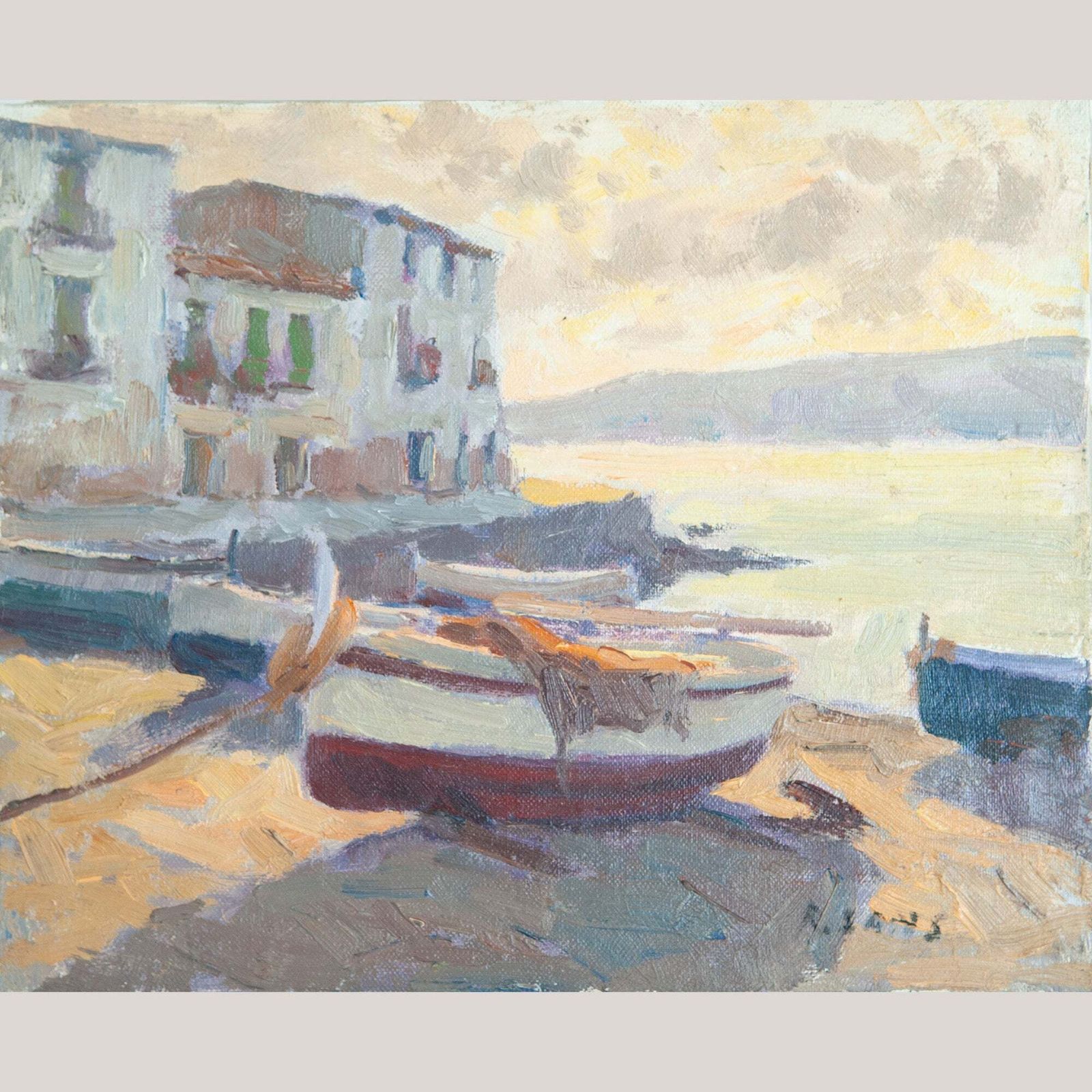Boats On The Shore, Catalonia – Post Impressionist Oil   Signed R. Sans