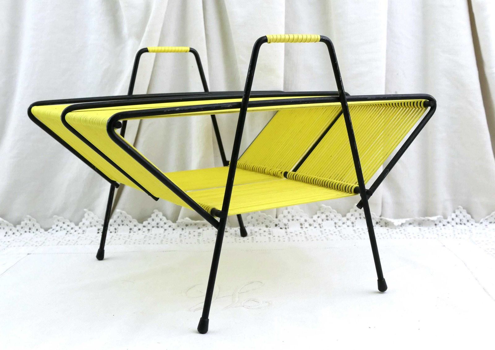 Vintage French Mid Century Modern Portable Record Holder With Bright Yellow Vinyl Cord, Retro Mcm Hifi Accessory For Storage, Music Center photo vinterior