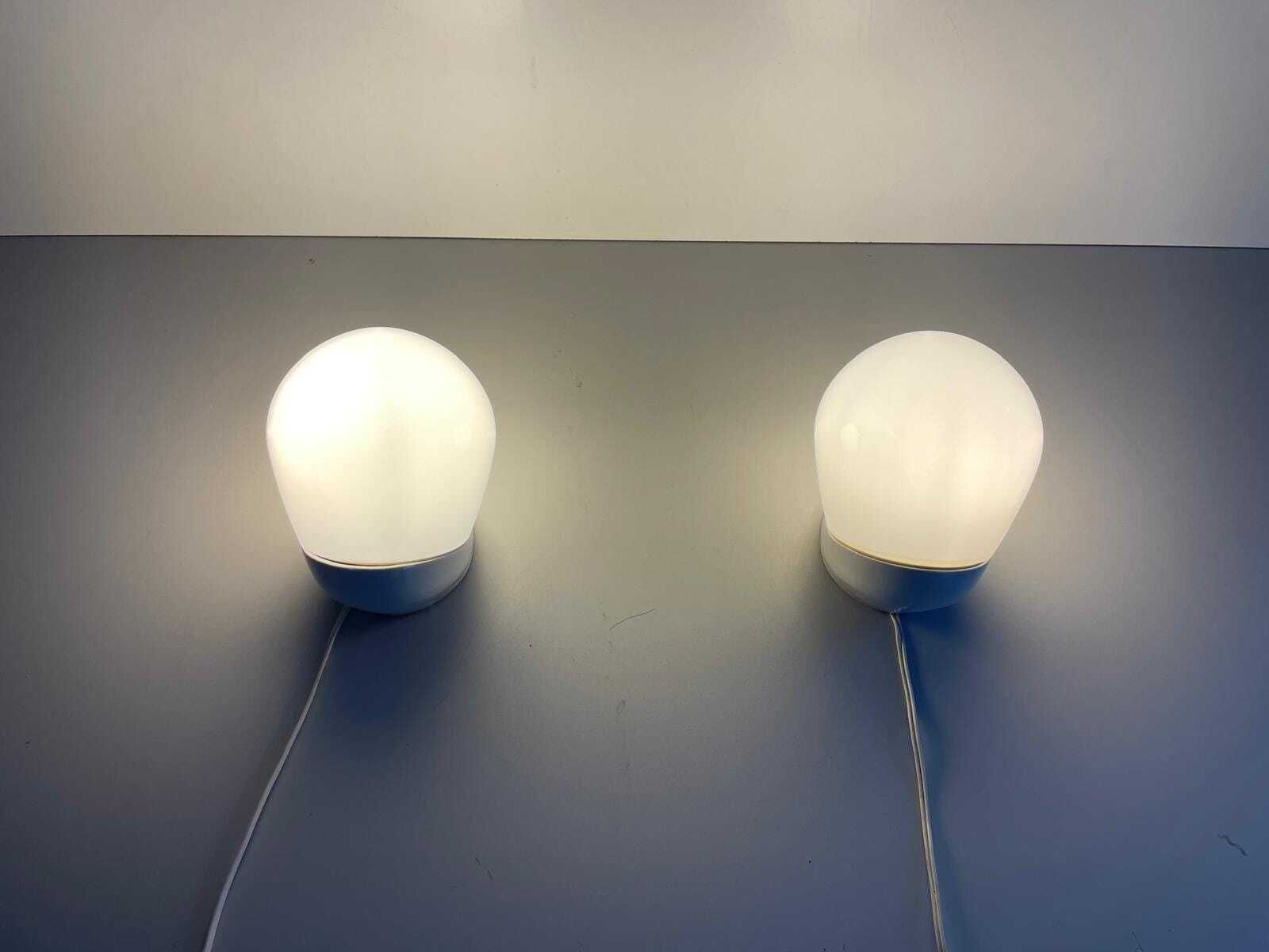 photo for sale Opaline Glass & Porcelain Pair Of Bathroom Wall Lights By Wilhelm Wagenfeld For Lindner, 1940s, Germany