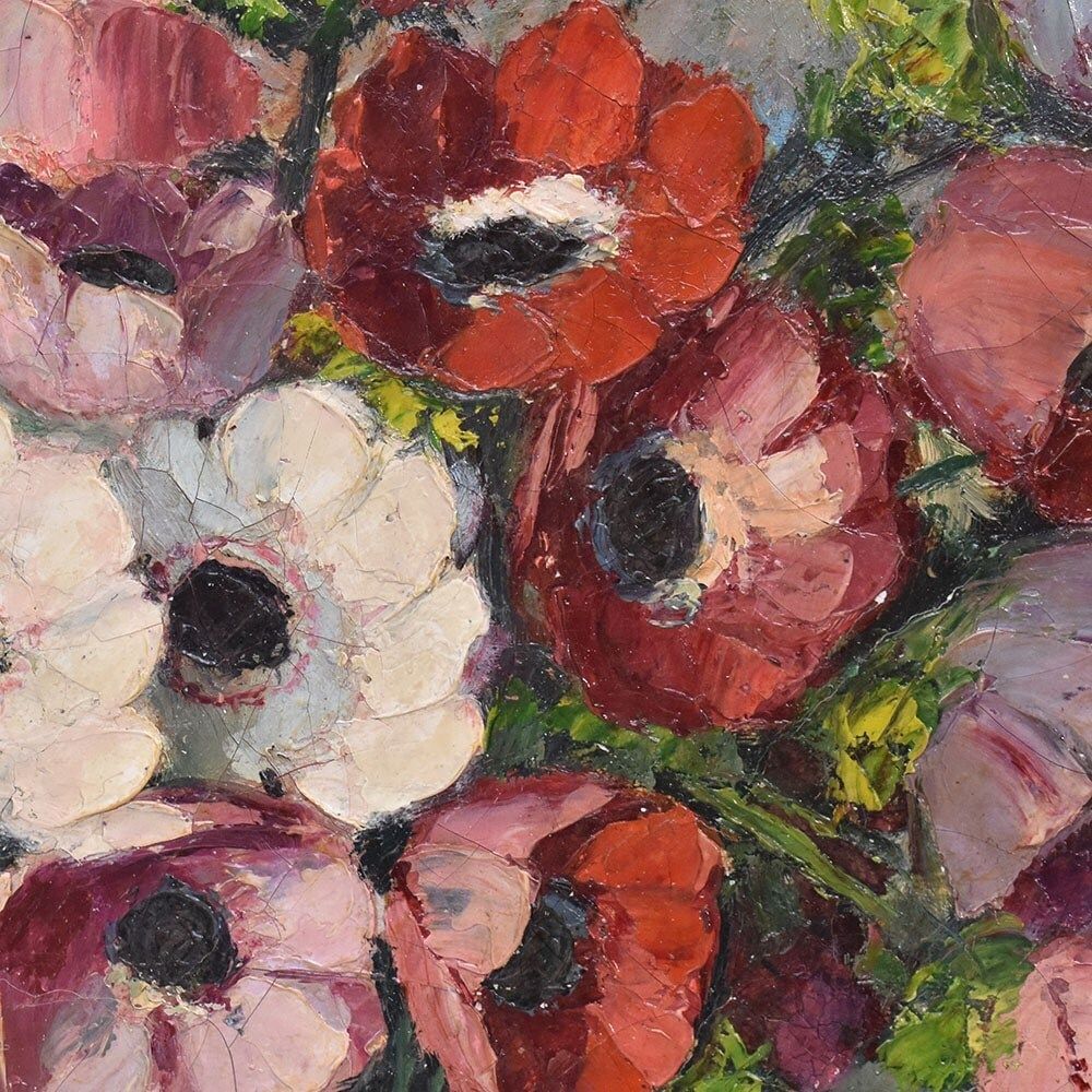 Antique Flower Painting, Bouquet Of Anemones And Poppies, Oil On Canvas, 20th Century, Art Déco. (Qf702) photo buy
