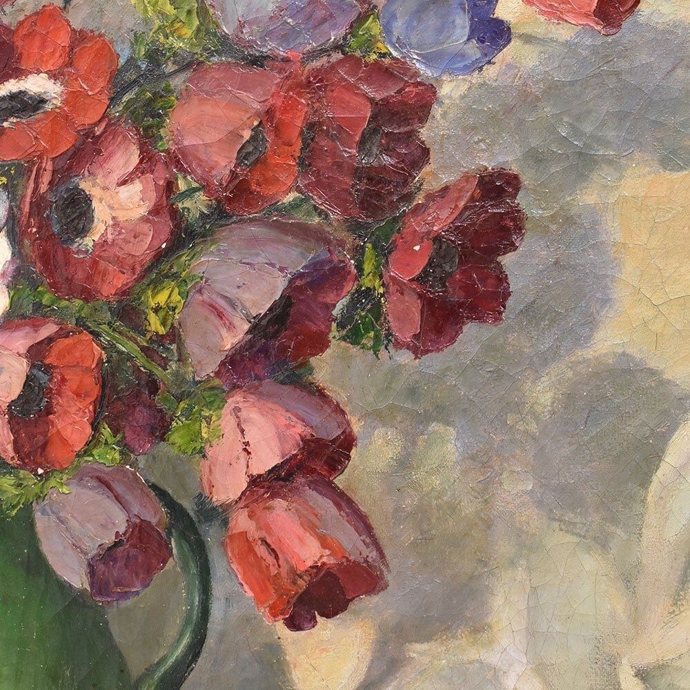 Antique Flower Painting, Bouquet Of Anemones And Poppies, Oil On Canvas, 20th Century, Art Déco. (Qf702) photo vintage