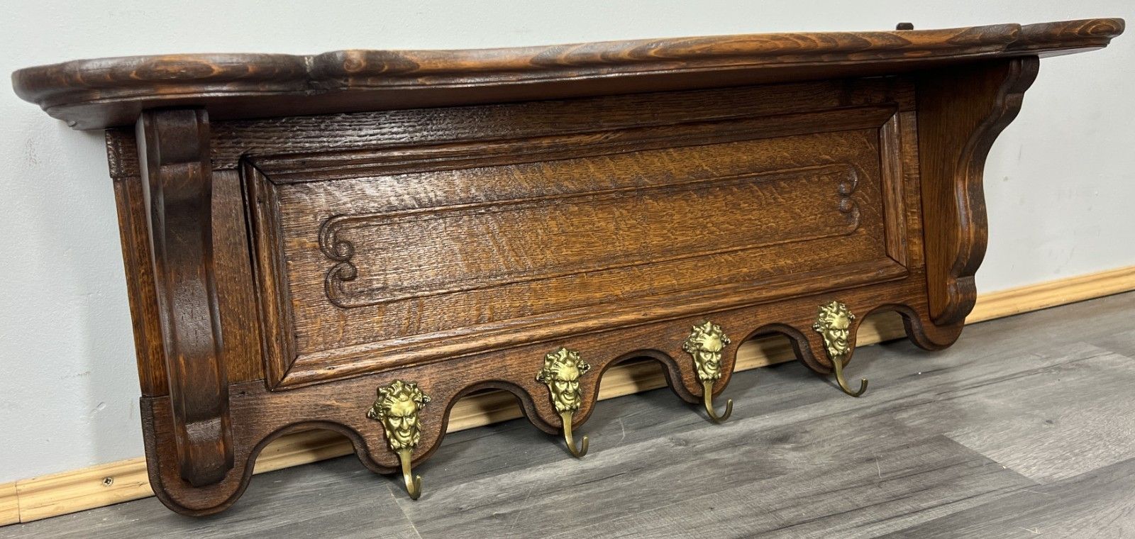 French Vintage Coat Rack Oak 4 Hooks Wall Shelf Carved Coat Hanger Lot 4433