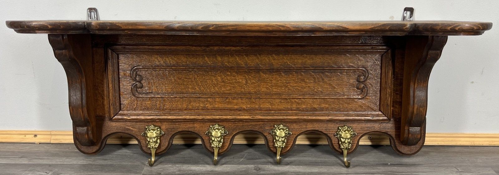 French Vintage Coat Rack Oak 4 Hooks Wall Shelf Carved Coat Hanger Lot 4433 photo furniture