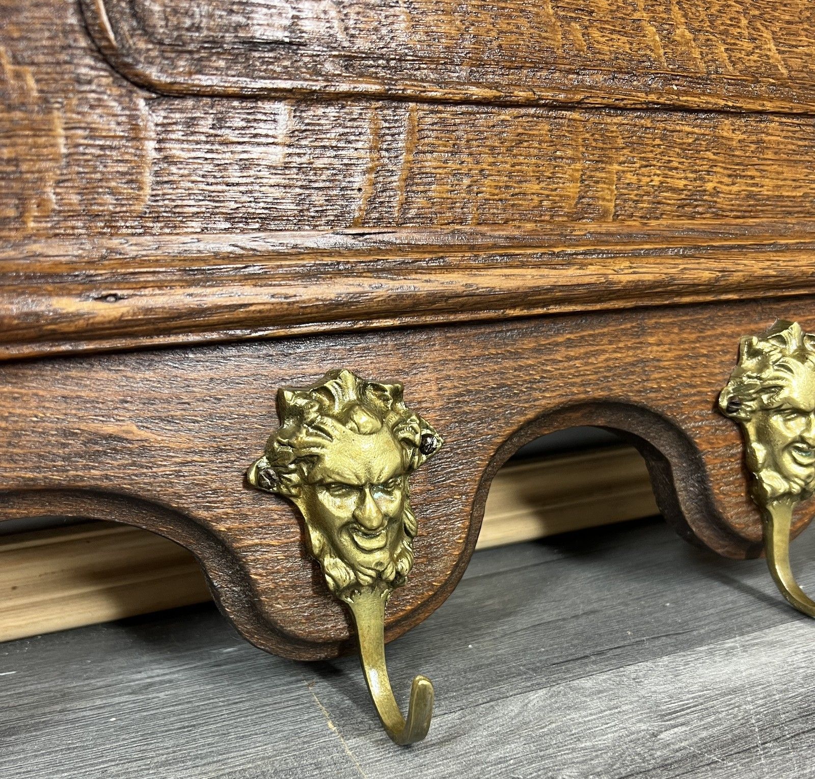 French Vintage Coat Rack Oak 4 Hooks Wall Shelf Carved Coat Hanger Lot 4433 photo 299.0