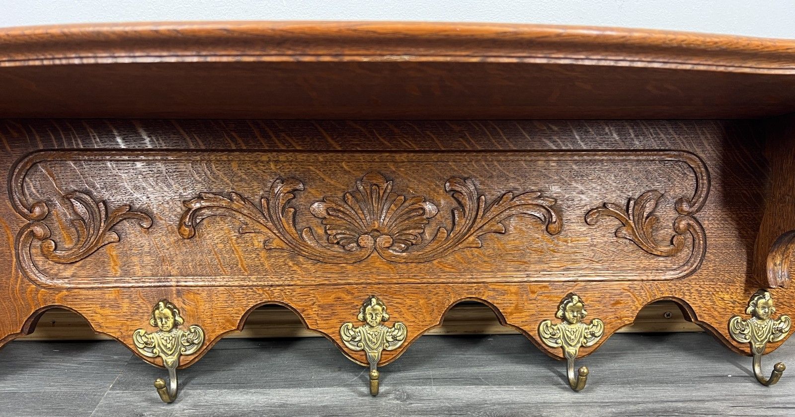 French Vintage Coat Rack Oak 5 Hooks Wall Shelf Carved Coat Hanger Lot 4435 photo for sale