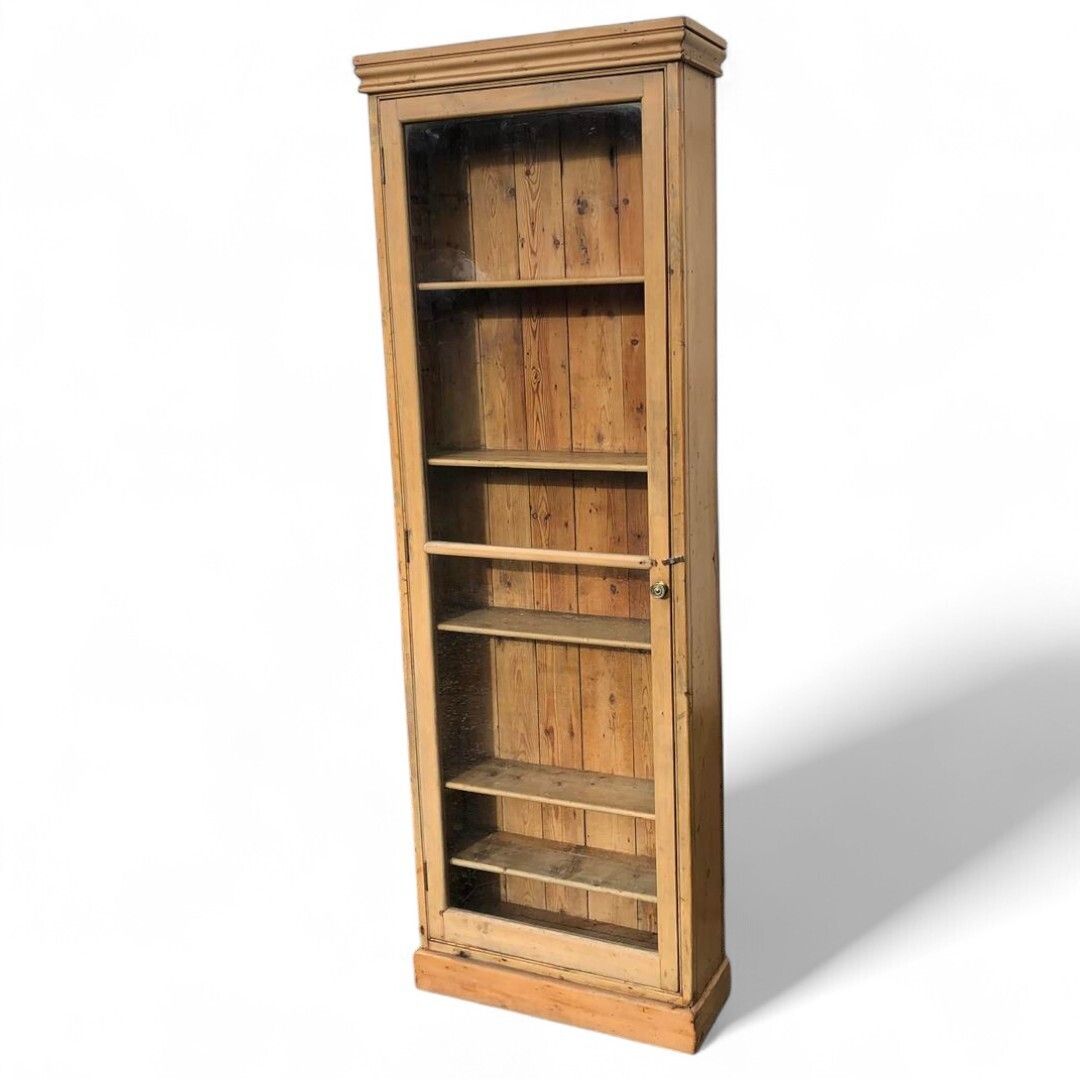 Very Tall Narrow Shallow Antique Pine Glazed Display Cabinet 1920s