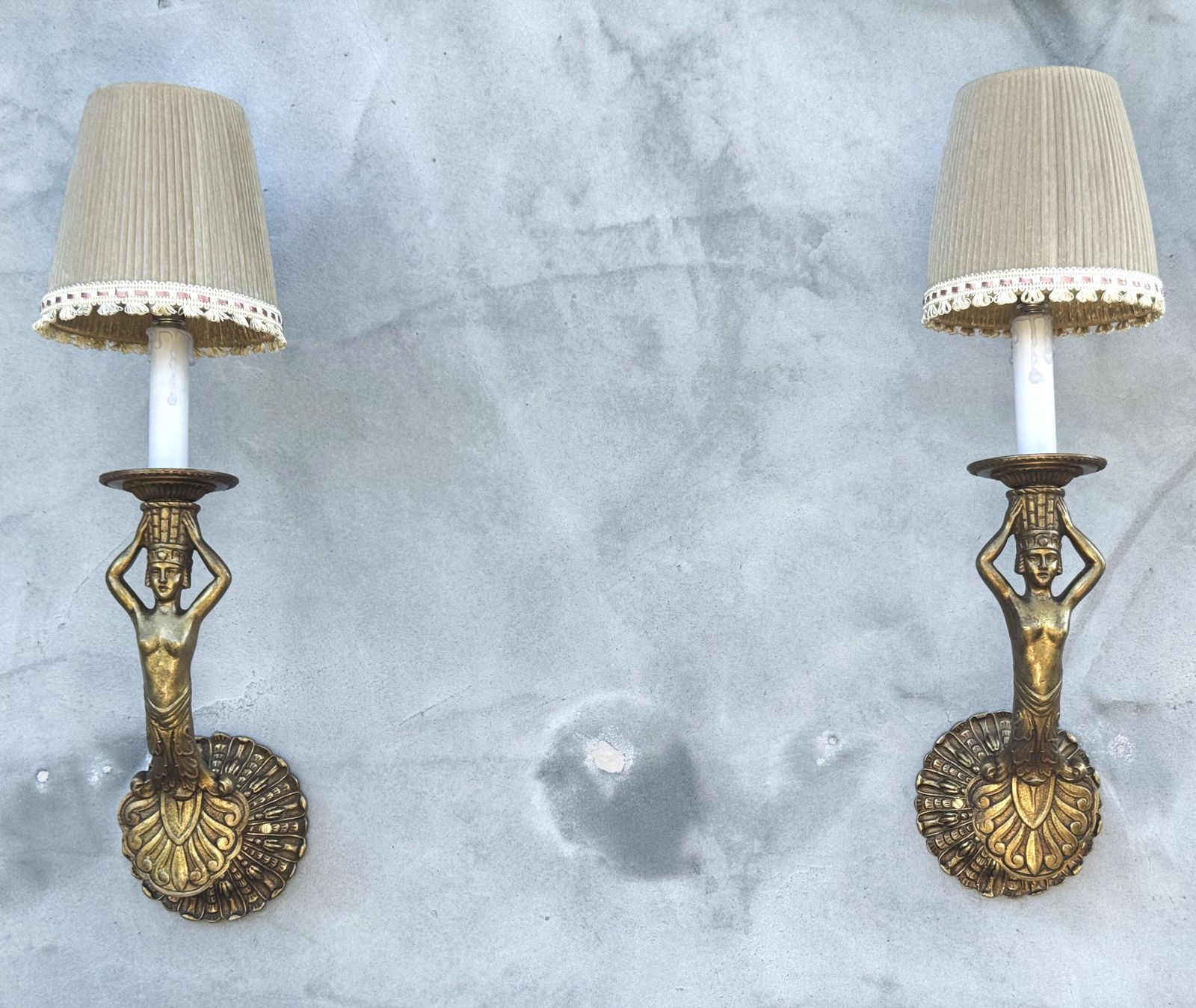 Lighting Pair Of 1950s Italian Gilt Bronze Wall Sconces With Female Figures photo