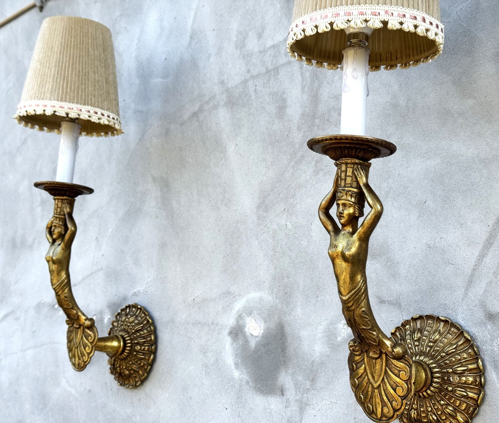 Pair Of 1950s Italian Gilt Bronze Wall Sconces With Female Figures
