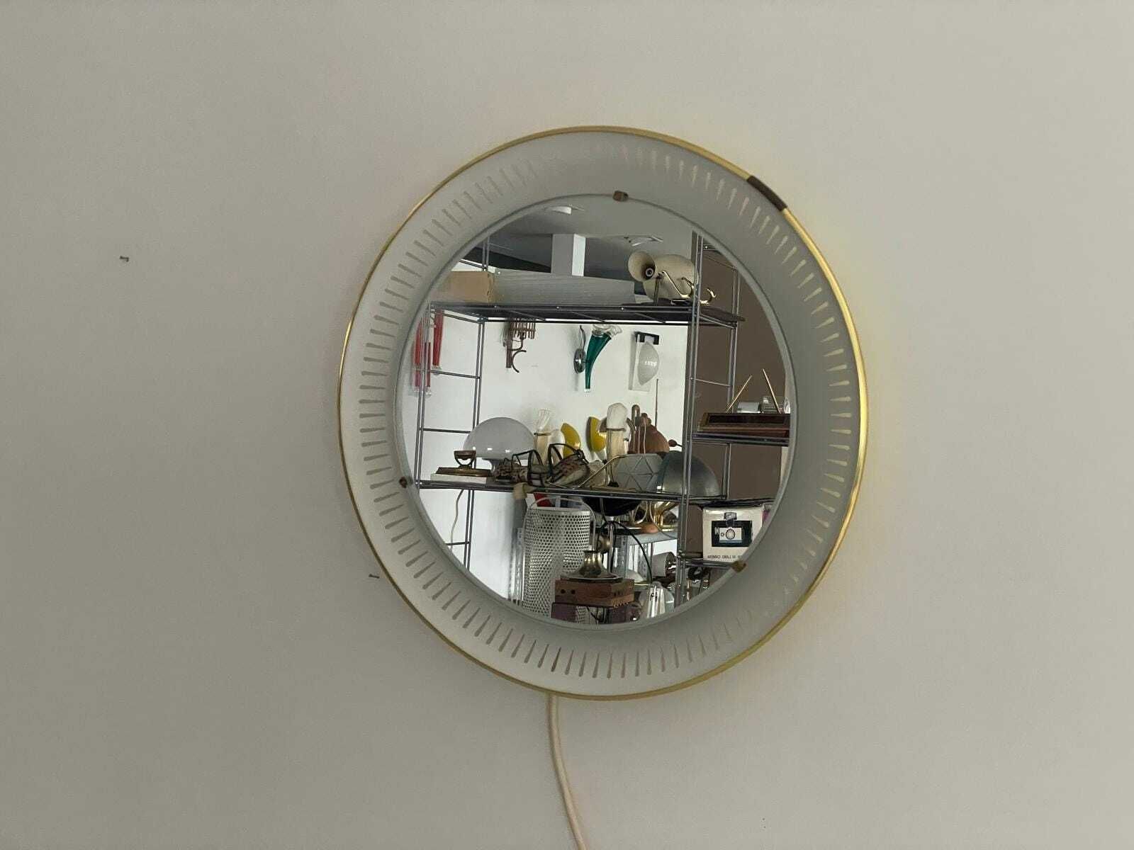 Mid Century Modern Round Yellow And White Wall Mirror With Light By Hillebrand, 1950s, Germany photo furniture