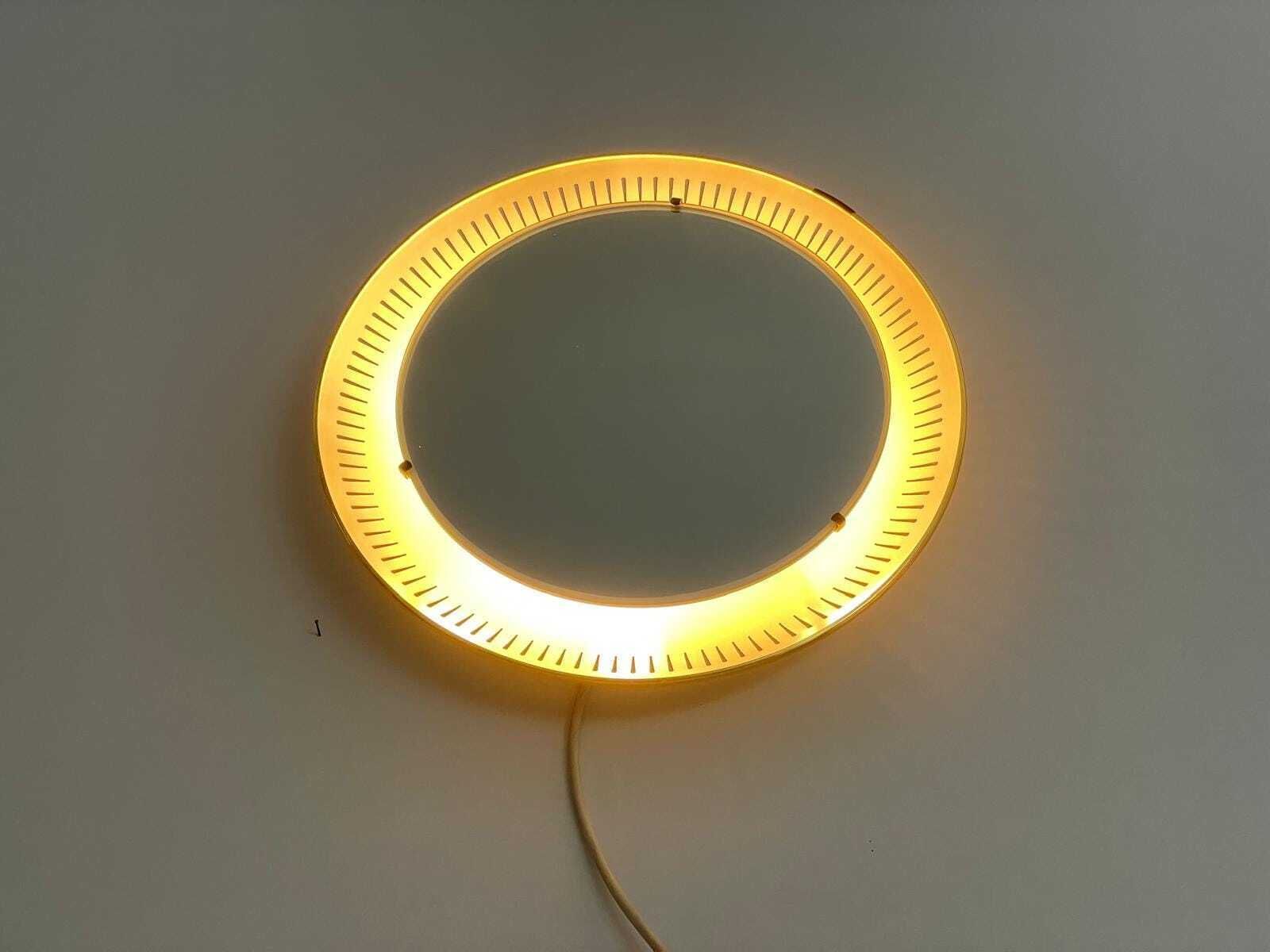 Mid Century Modern Round Yellow And White Wall Mirror With Light By Hillebrand, 1950s, Germany photo vintage