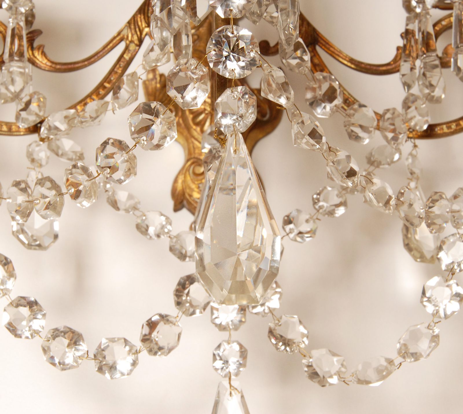 photo for sale Antique French Crystal Sconces 4 Light Gilt Bronze Candelabra Wall Lamps