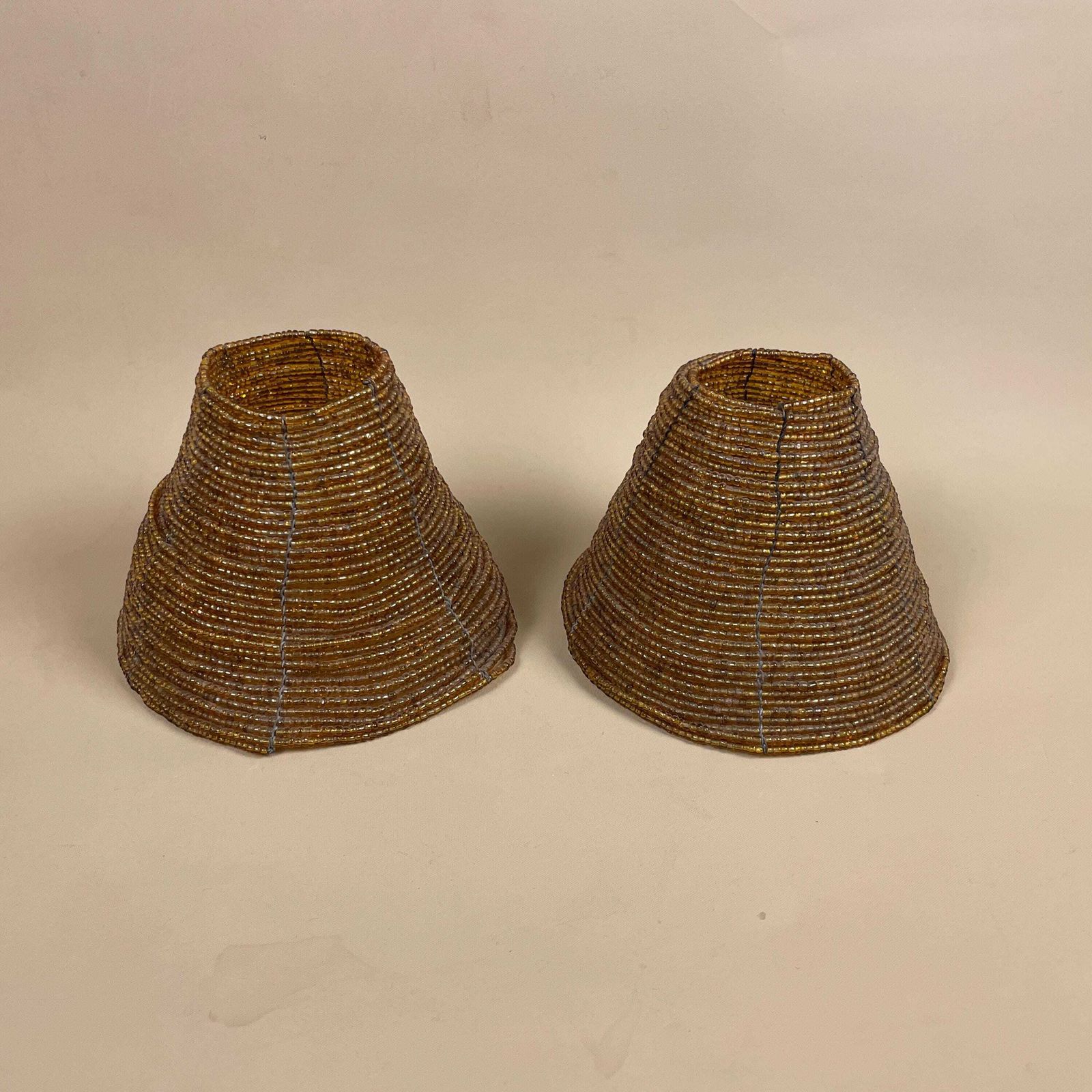 Pair Of 2 Vintage Cone Glass Beaded Lamp Shade Lampshade Lightshade Orange Candle Toppers  Downton Abbey Antique Classic Set Handmade