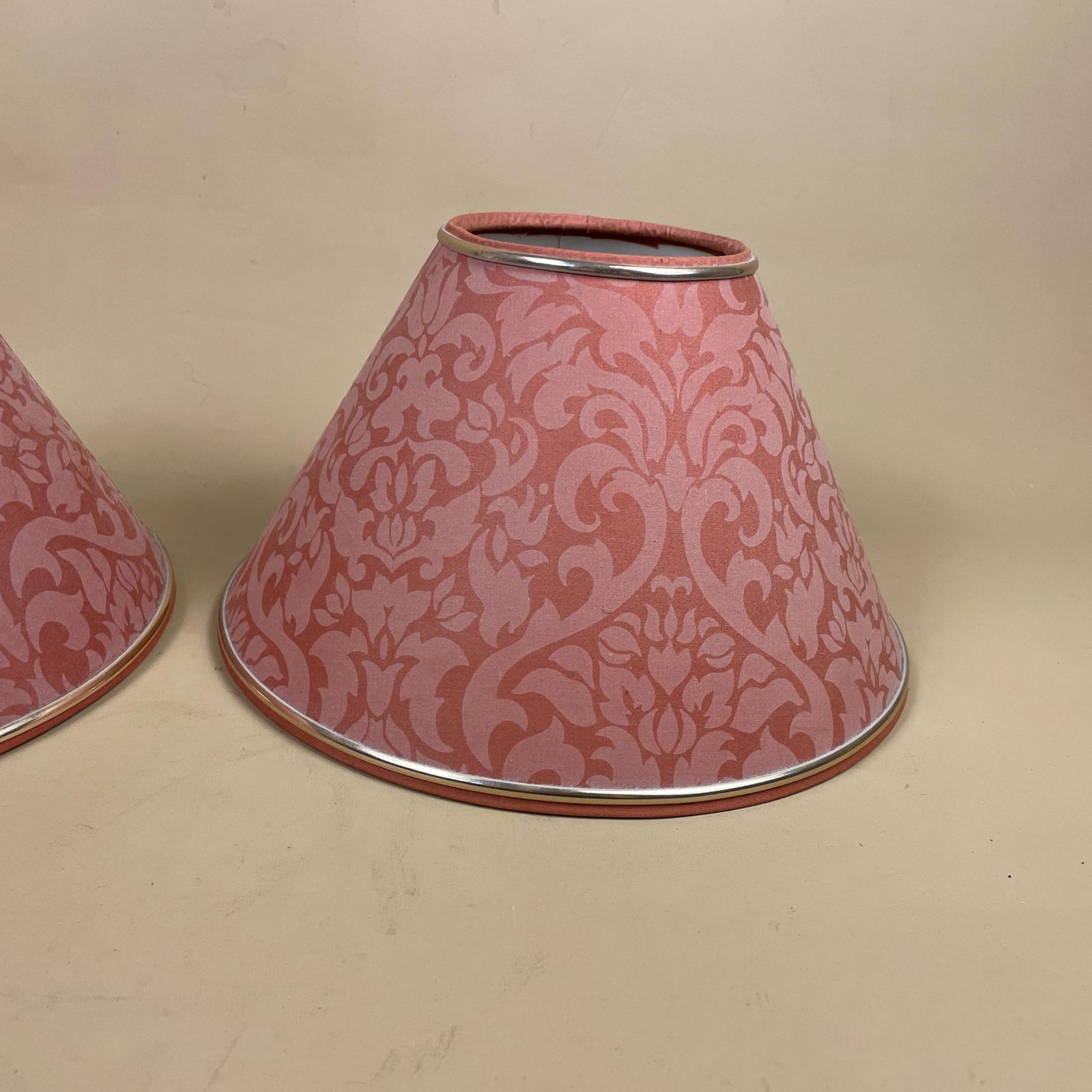 Pair Of 2 Vintage Cone Lamp Shade Lampshade Lightshade Damask Pattern Red Pink Gold Trim Downton Abbey Antique Classic Cottage Set photo 79.0