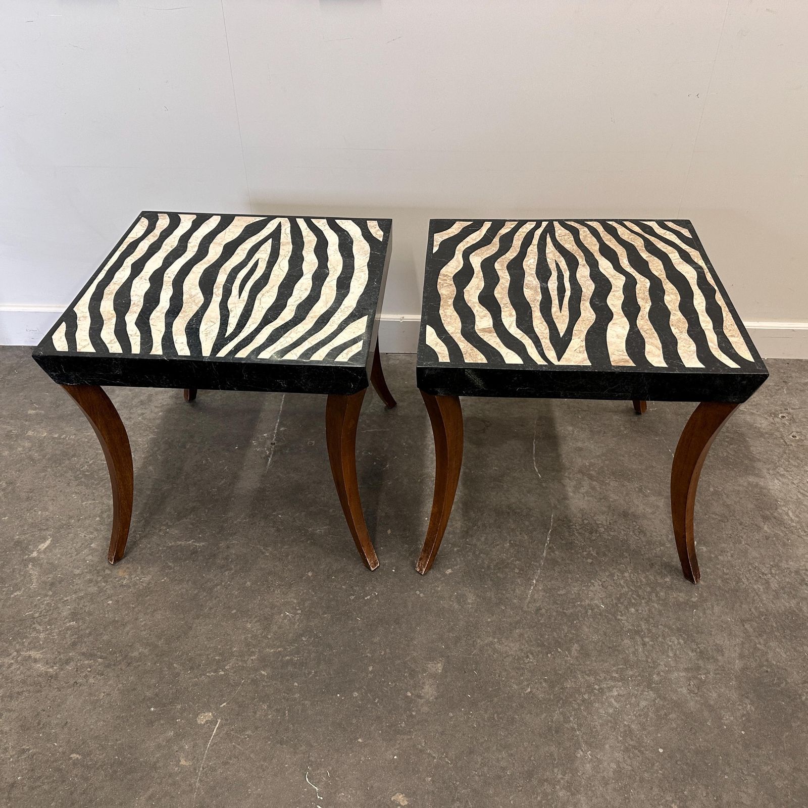 Striking Pair Of Italian Zebra Inlaid Tessellated Stone Tables With Refined Curved Legs, 1980s