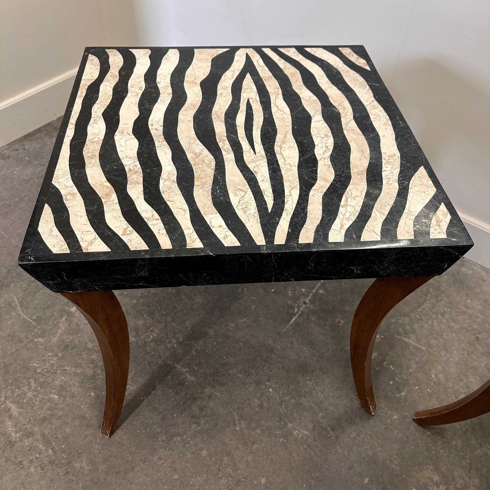 Striking Pair Of Italian Zebra Inlaid Tessellated Stone Tables With Refined Curved Legs, 1980s photo for sale