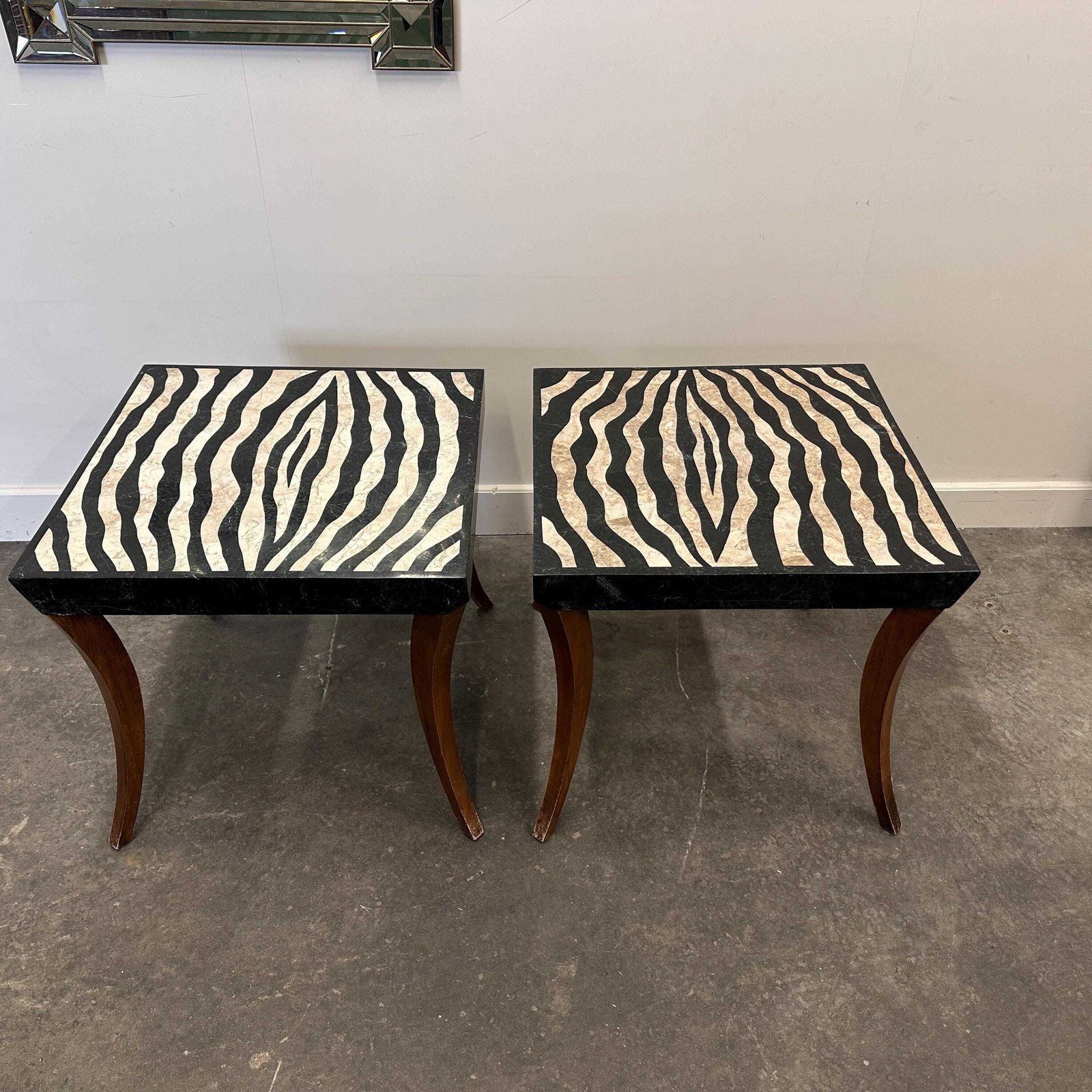 1334.0 Striking Pair Of Italian Zebra Inlaid Tessellated Stone Tables With Refined Curved Legs, 1980s photo
