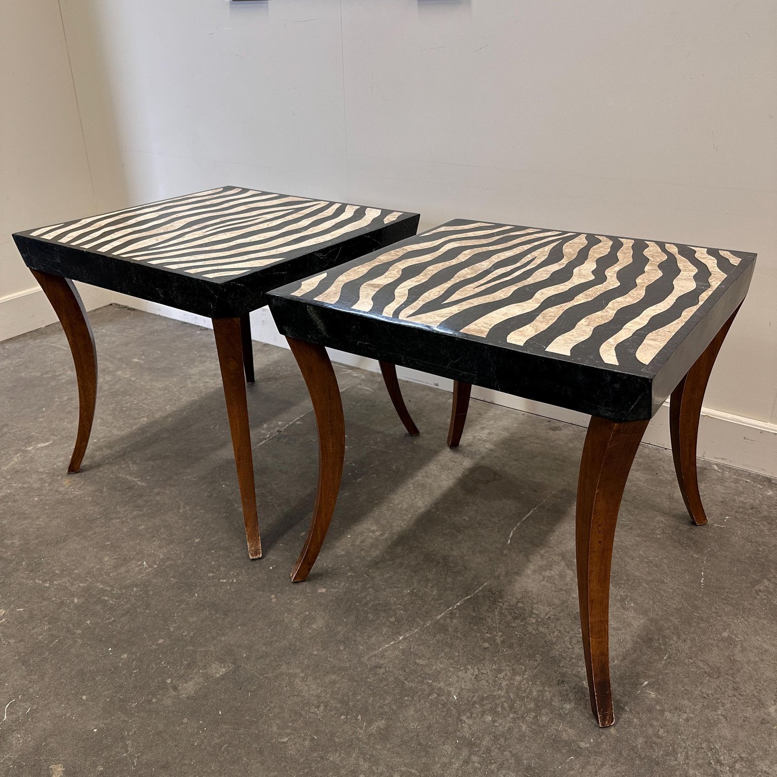 photo vinterior Striking Pair Of Italian Zebra Inlaid Tessellated Stone Tables With Refined Curved Legs, 1980s