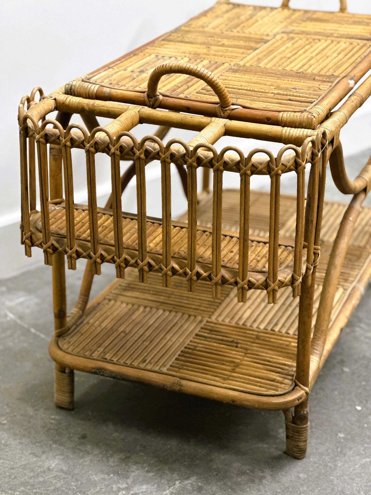 Rare Large French Riviera Rattan Bar Cart With Bottle Holder, 1960s photo for sale