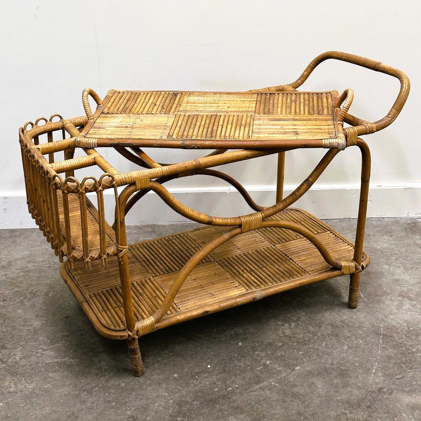 Rare Large French Riviera Rattan Bar Cart With Bottle Holder, 1960s photo vintage