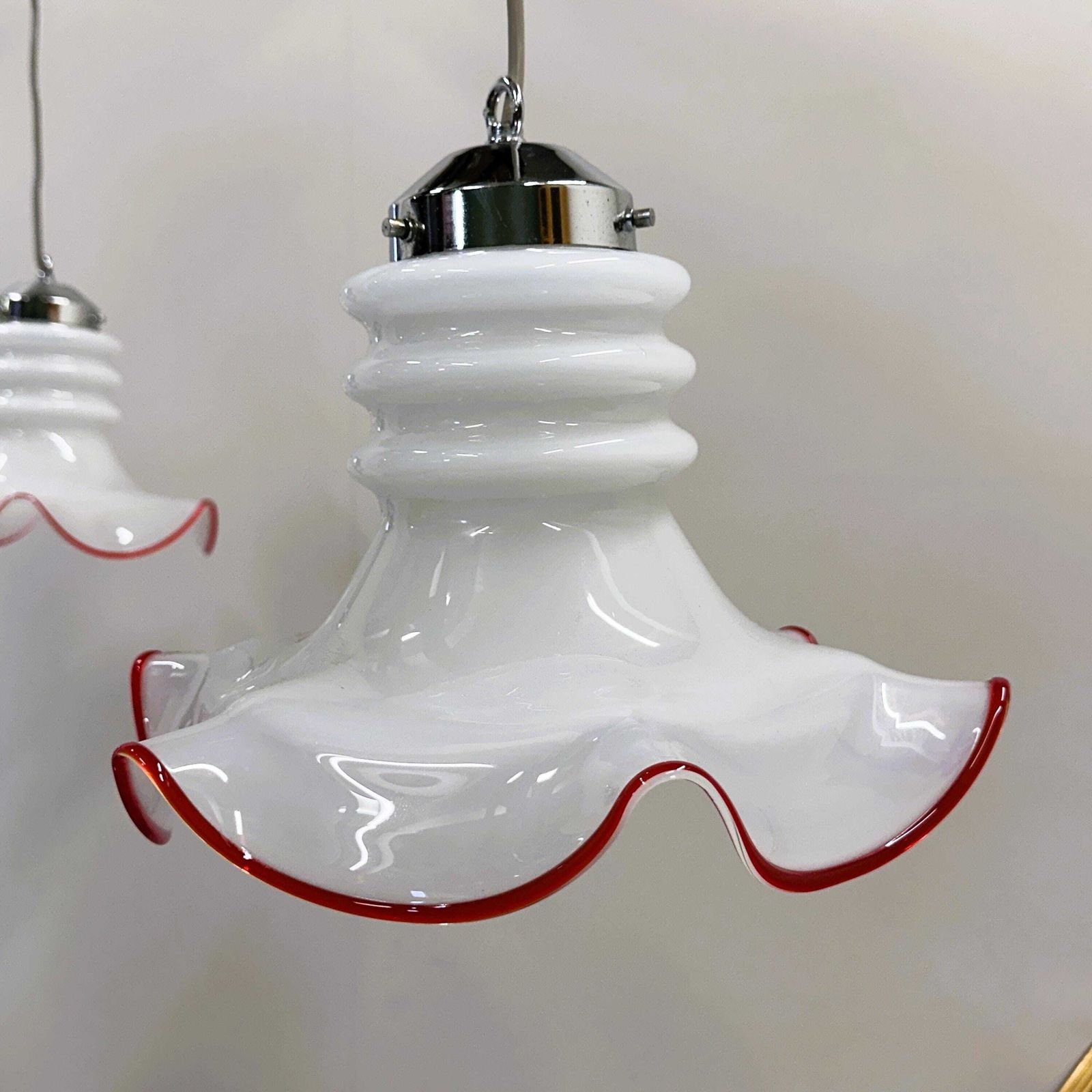Pair Of Italian Murano Glass Pendant Lamps With Red Trim, 1970s Italy. photo buy