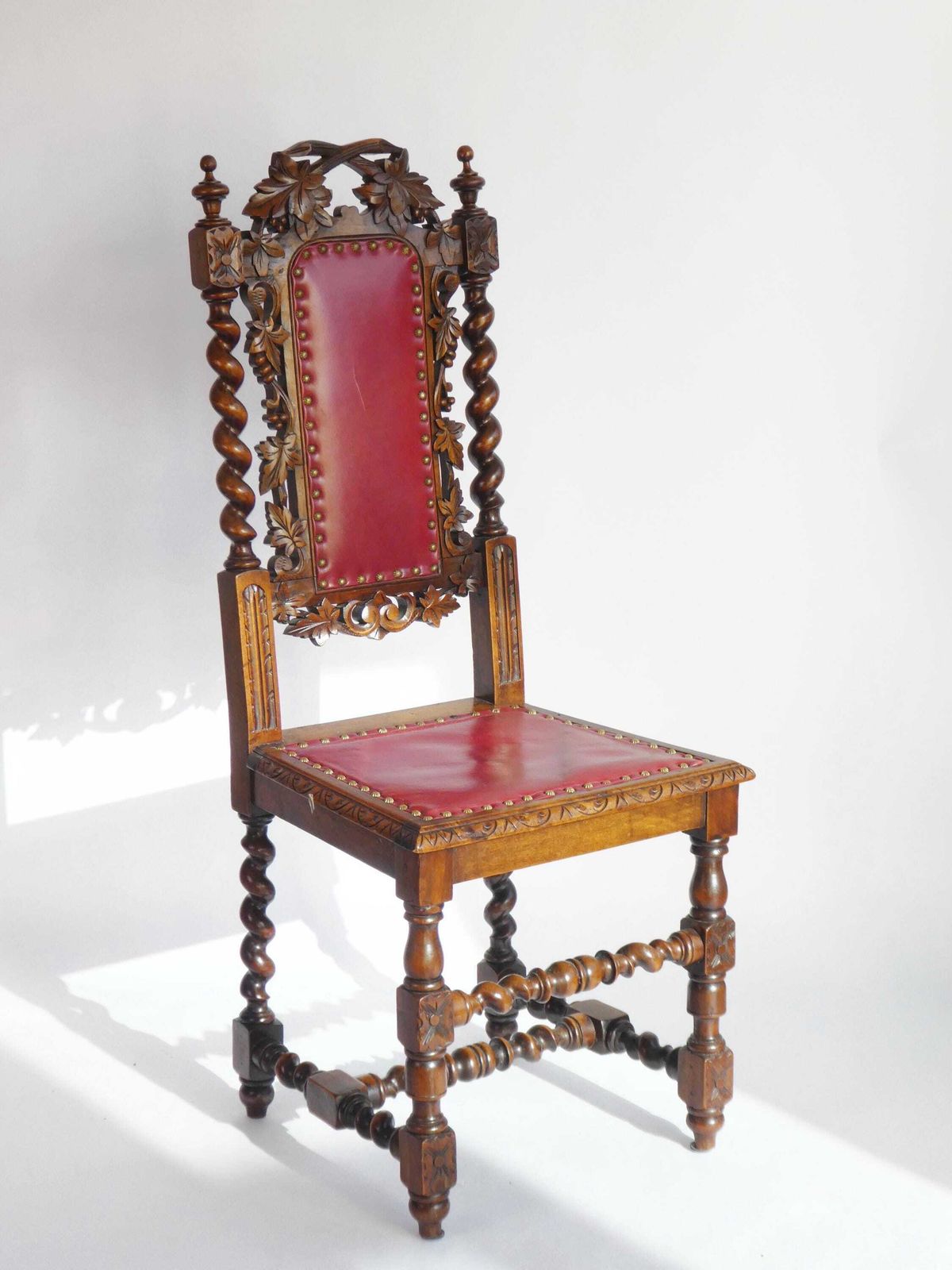 Baroque Antique Wooden Chair With Red Leather Seat, Barley Twist Hand Carved Chairs, Gothic Furniture photo 414.0