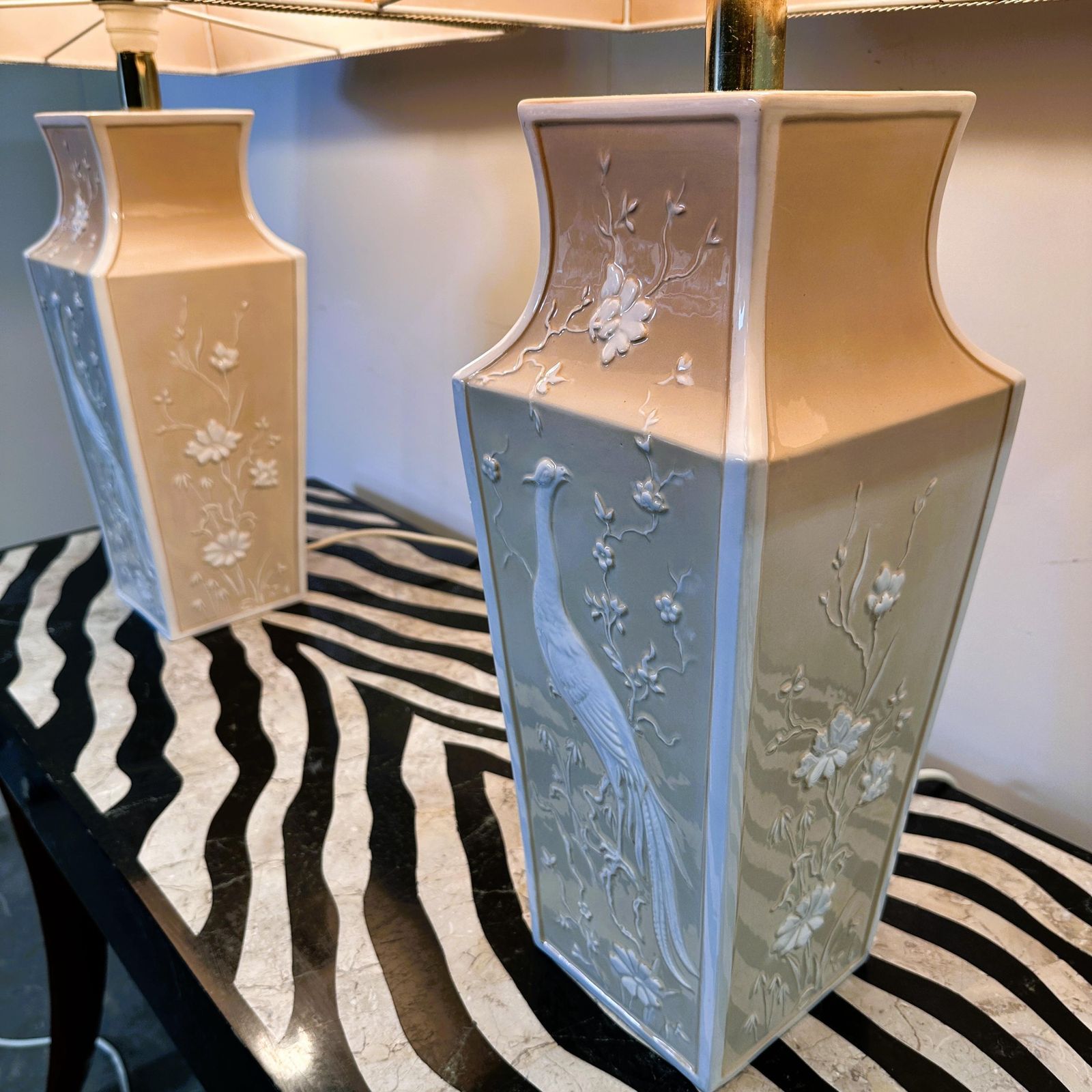 Pair Of Large Cream Ceramic Table Lamps With Relief Peacocks And Fabric Shades, 1980s photo furniture