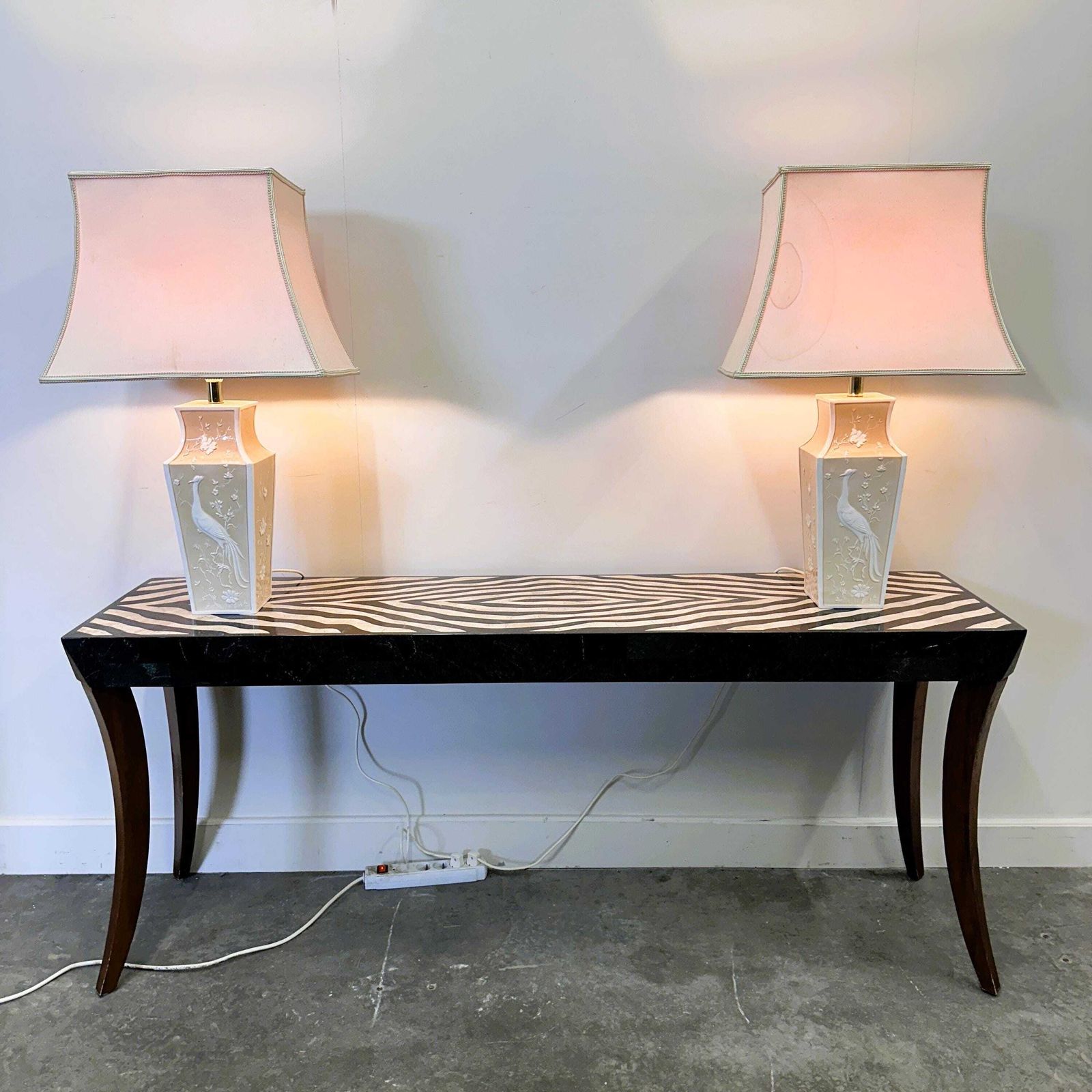 Pair Of Large Cream Ceramic Table Lamps With Relief Peacocks And Fabric Shades, 1980s photo for sale