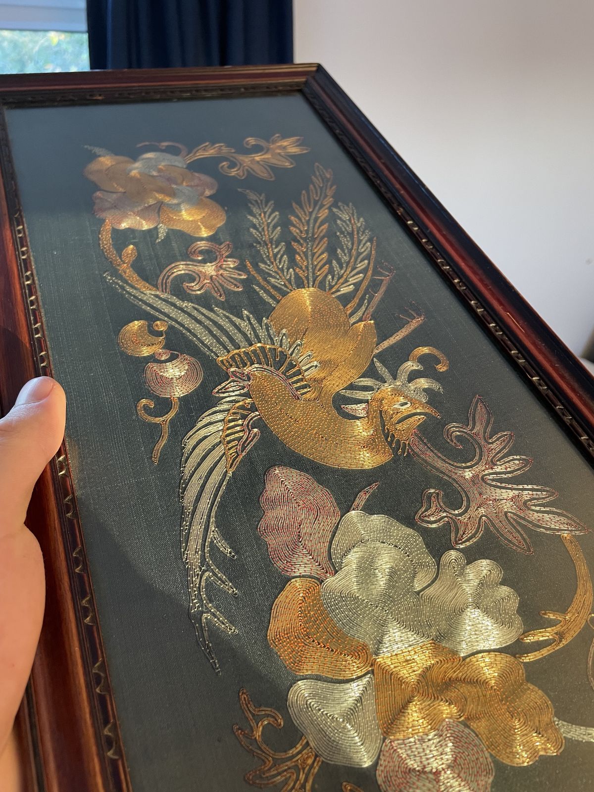 Early 1900s Chinese Embroidered Silk Panel, Bird & Flowers photo furniture