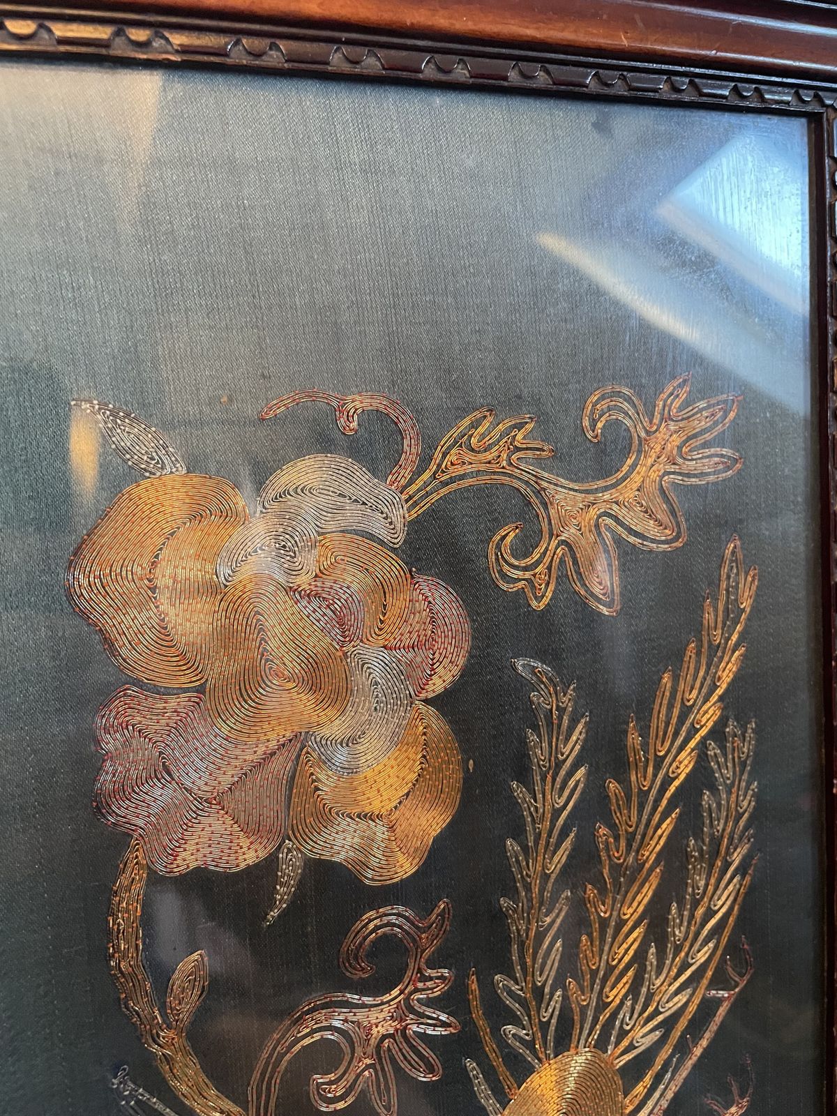 Early 1900s Chinese Embroidered Silk Panel, Bird & Flowers photo vinterior