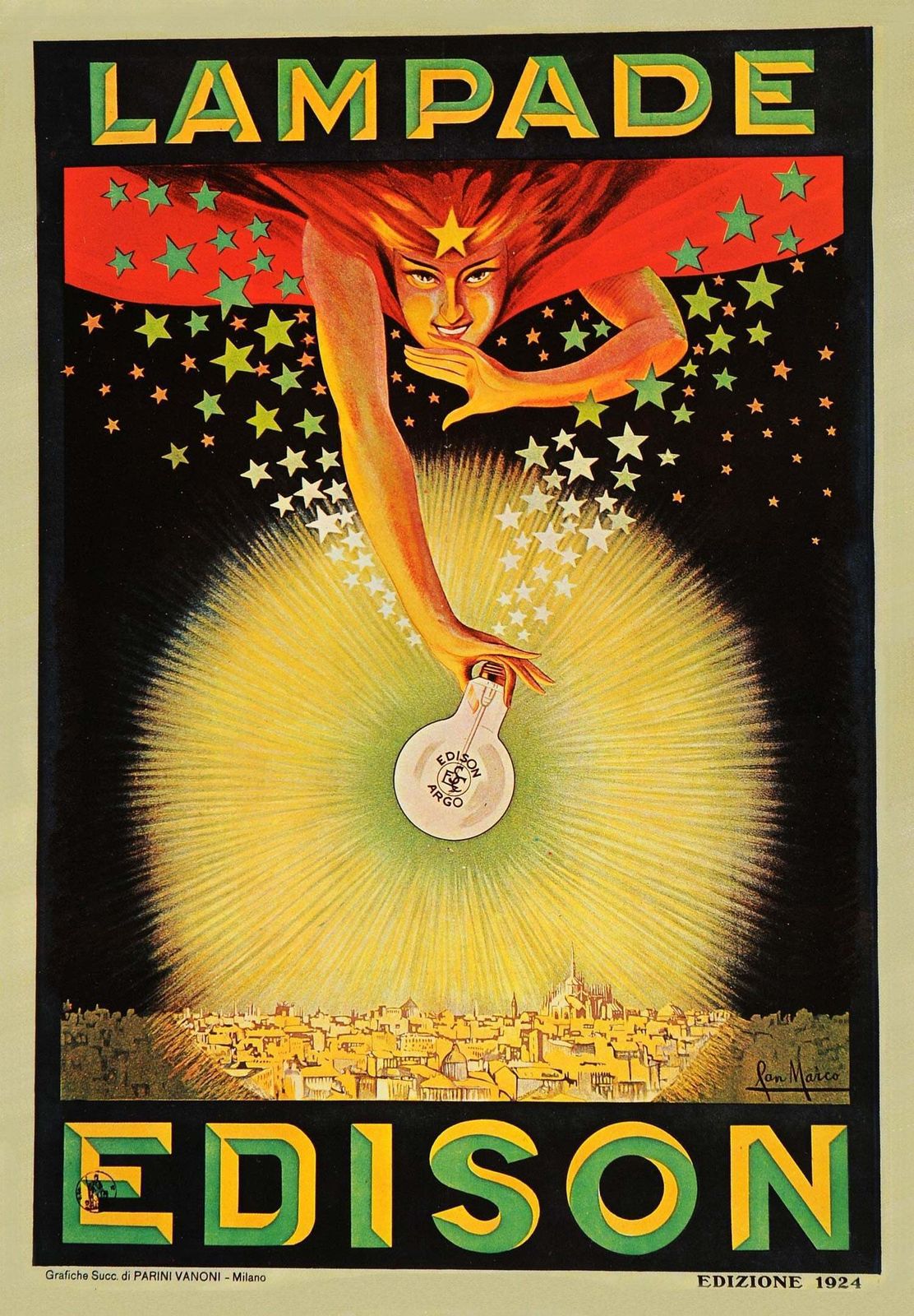 Edison Lampade Vintage Advertising Poster 1924 Art Deco