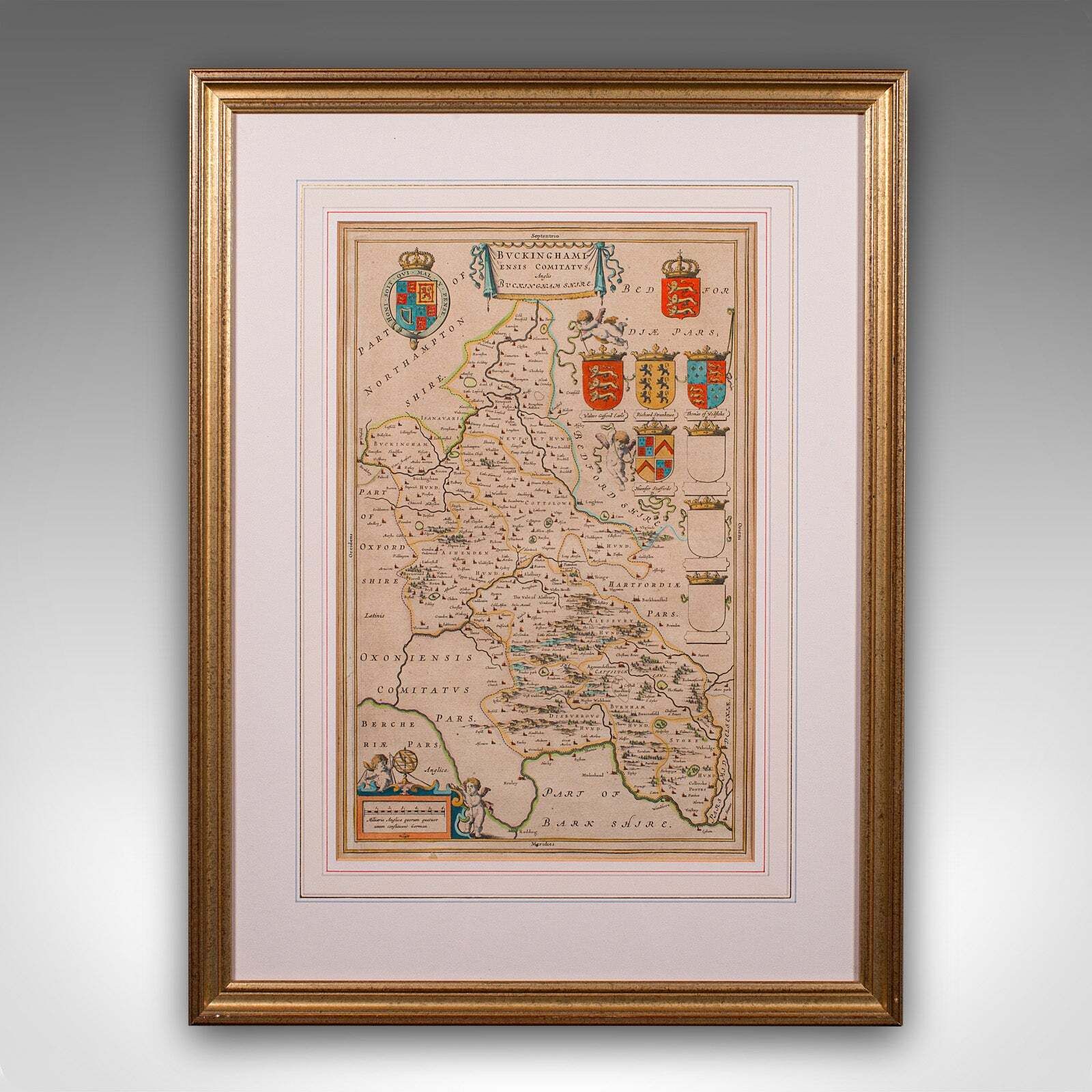 Antique Buckinghamshire Map, English, Framed 17th Century County Cartography photo furniture