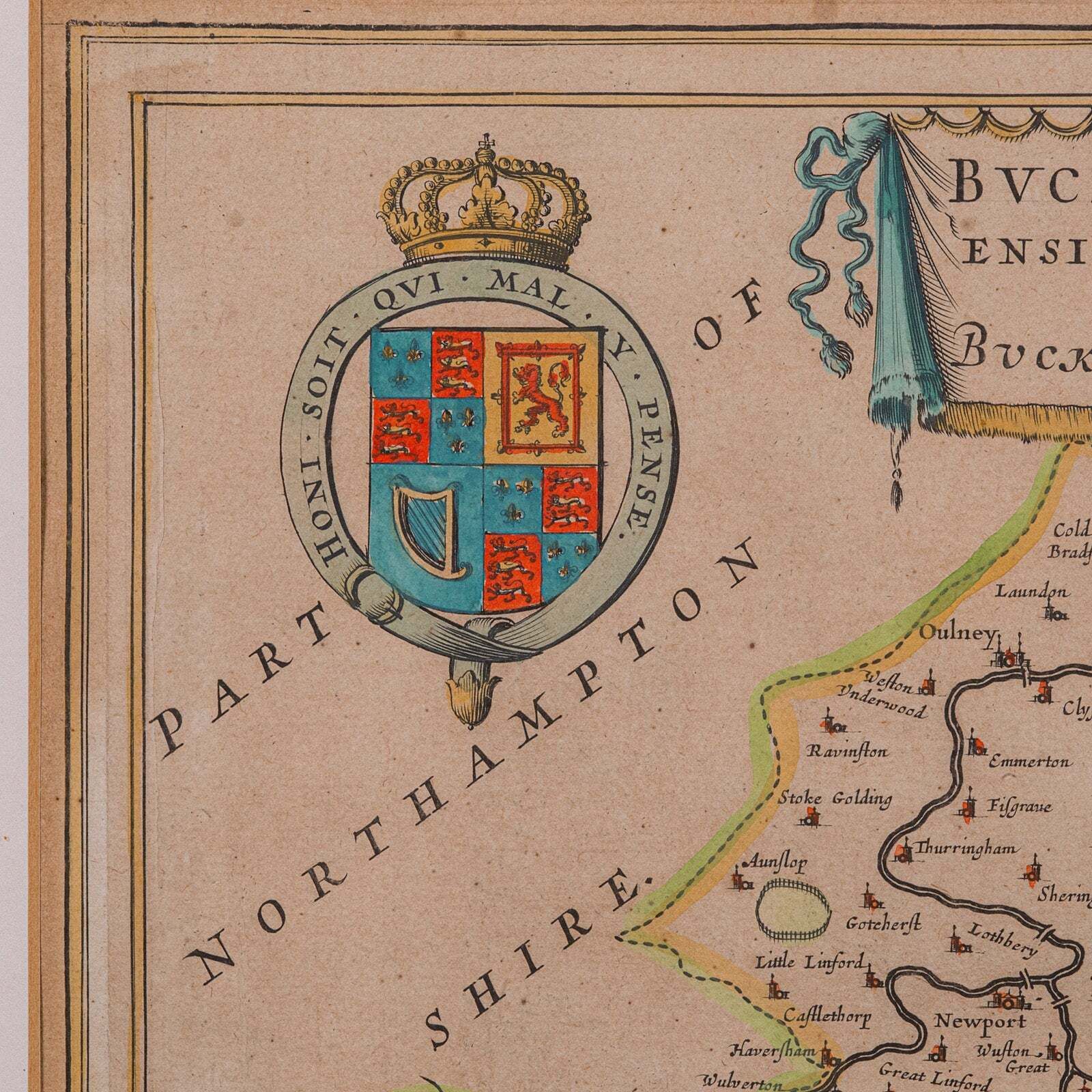 Antique Buckinghamshire Map, English, Framed 17th Century County Cartography photo vinterior
