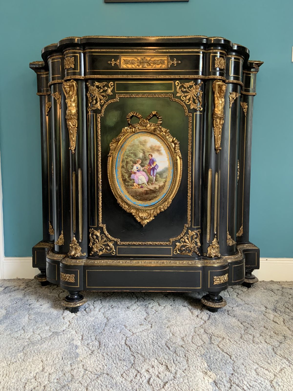 19c Ebonised Mahogany & Gilt Metal Ormolu Boulle Credenza With Sevres Style Plaque