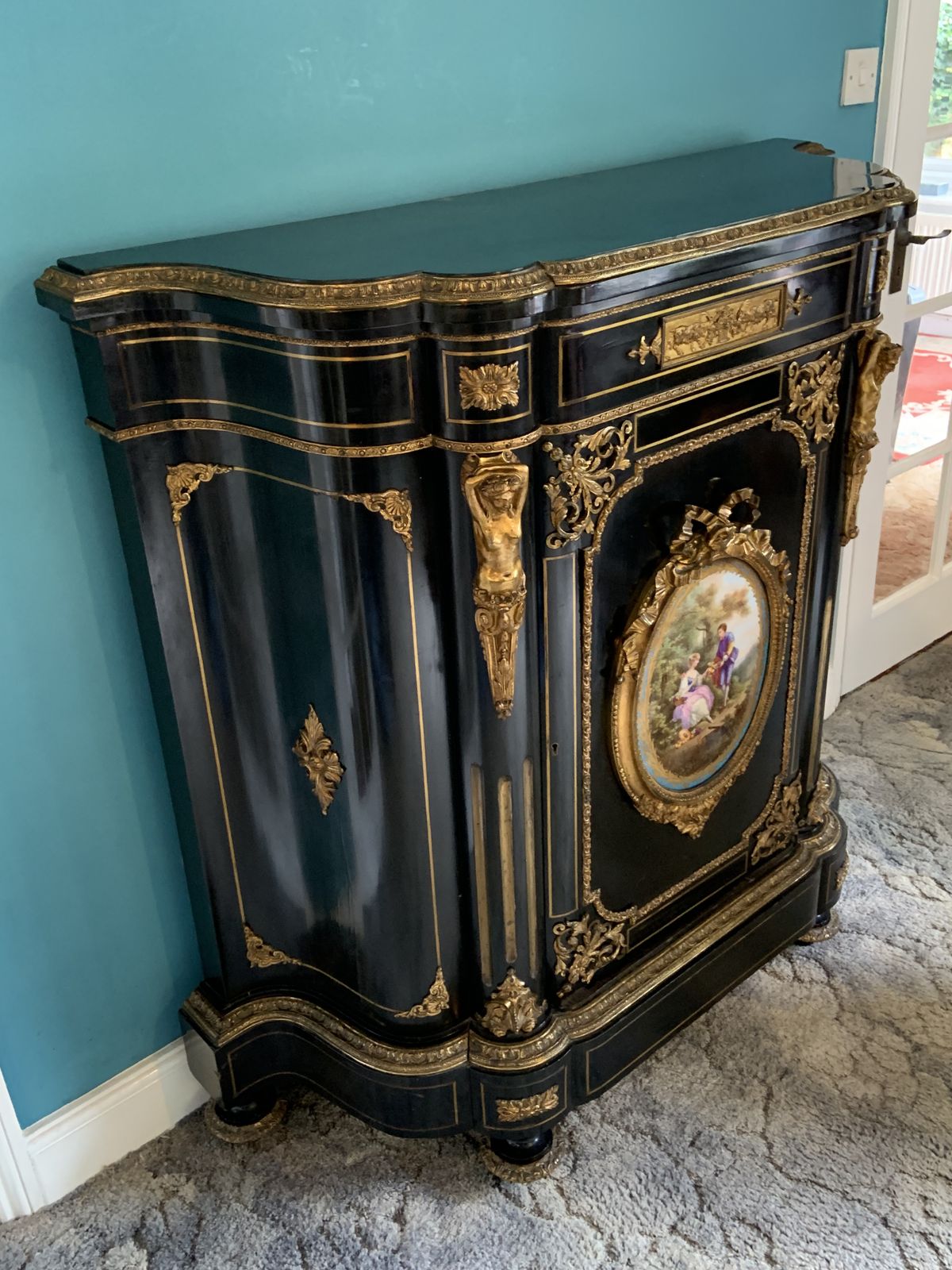 19c Ebonised Mahogany & Gilt Metal Ormolu Boulle Credenza With Sevres Style Plaque photo buy